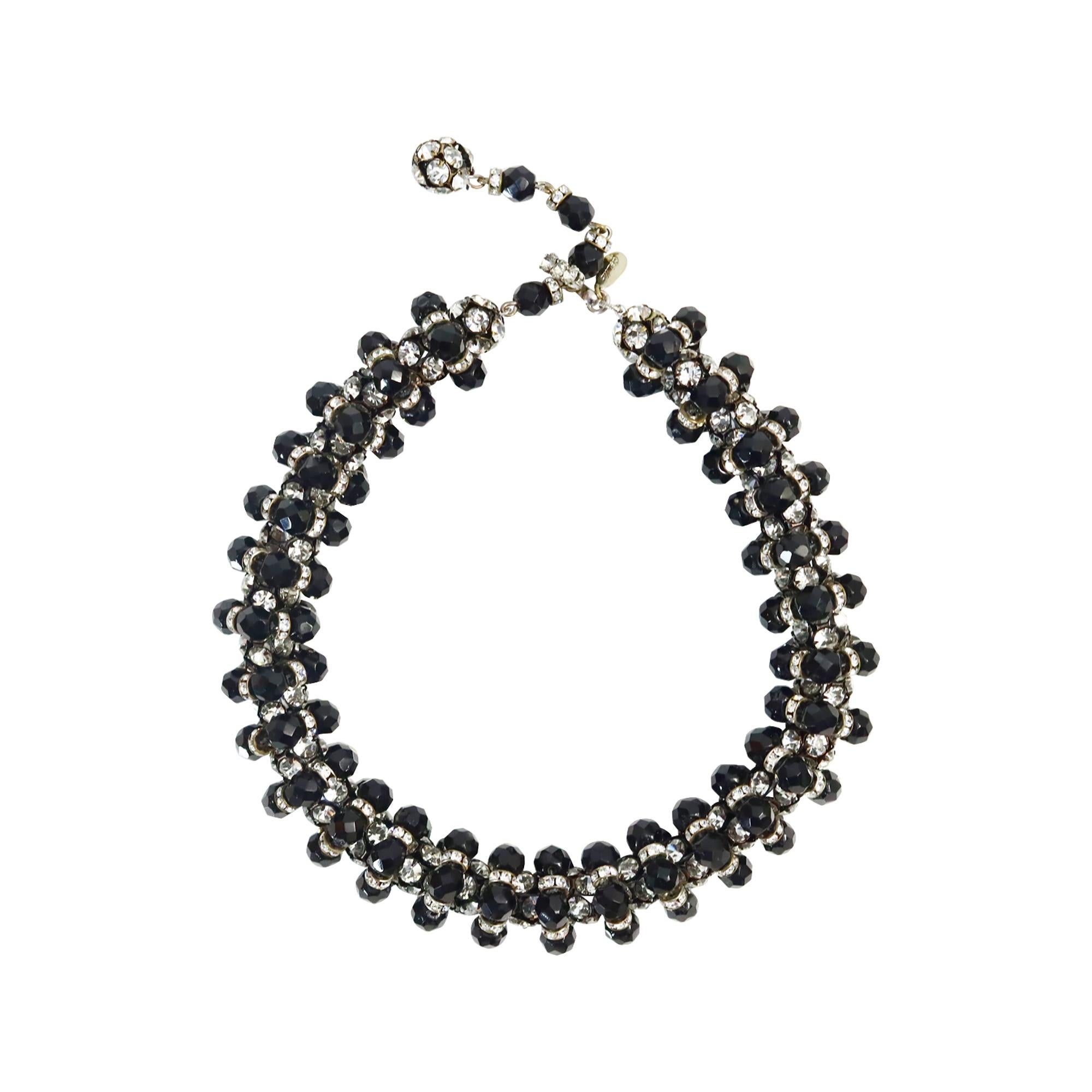 Collana girocollo vintage deLillo con diamanti e perline nere, circa anni '70 in vendita 1