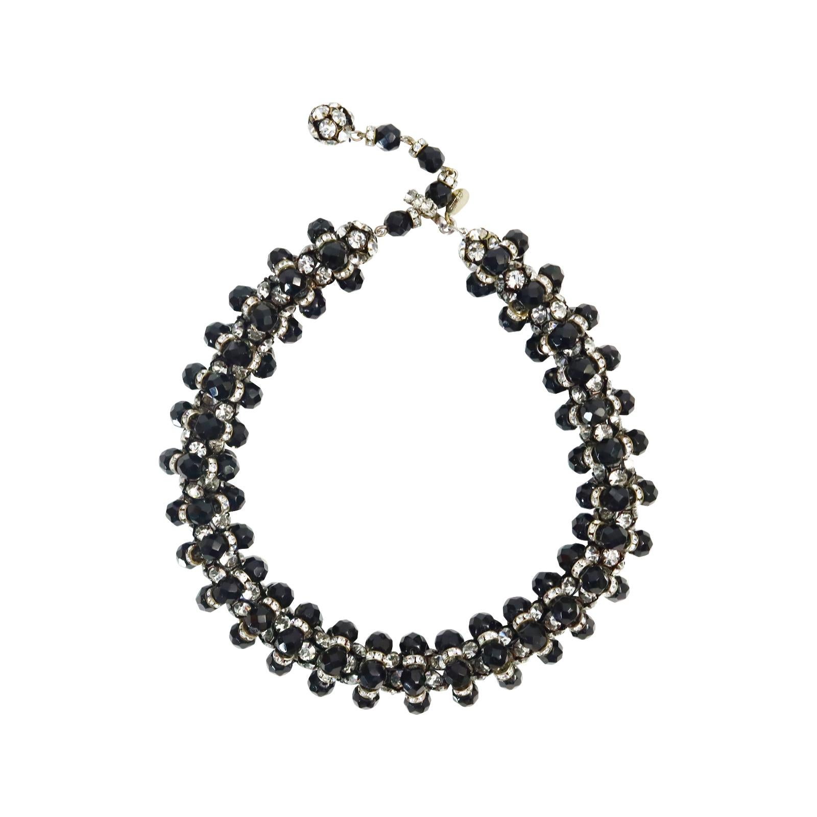 Vintage deLillo Diamante and Black Beaded Choker Necklace Circa 1970s In Good Condition For Sale In New York, NY