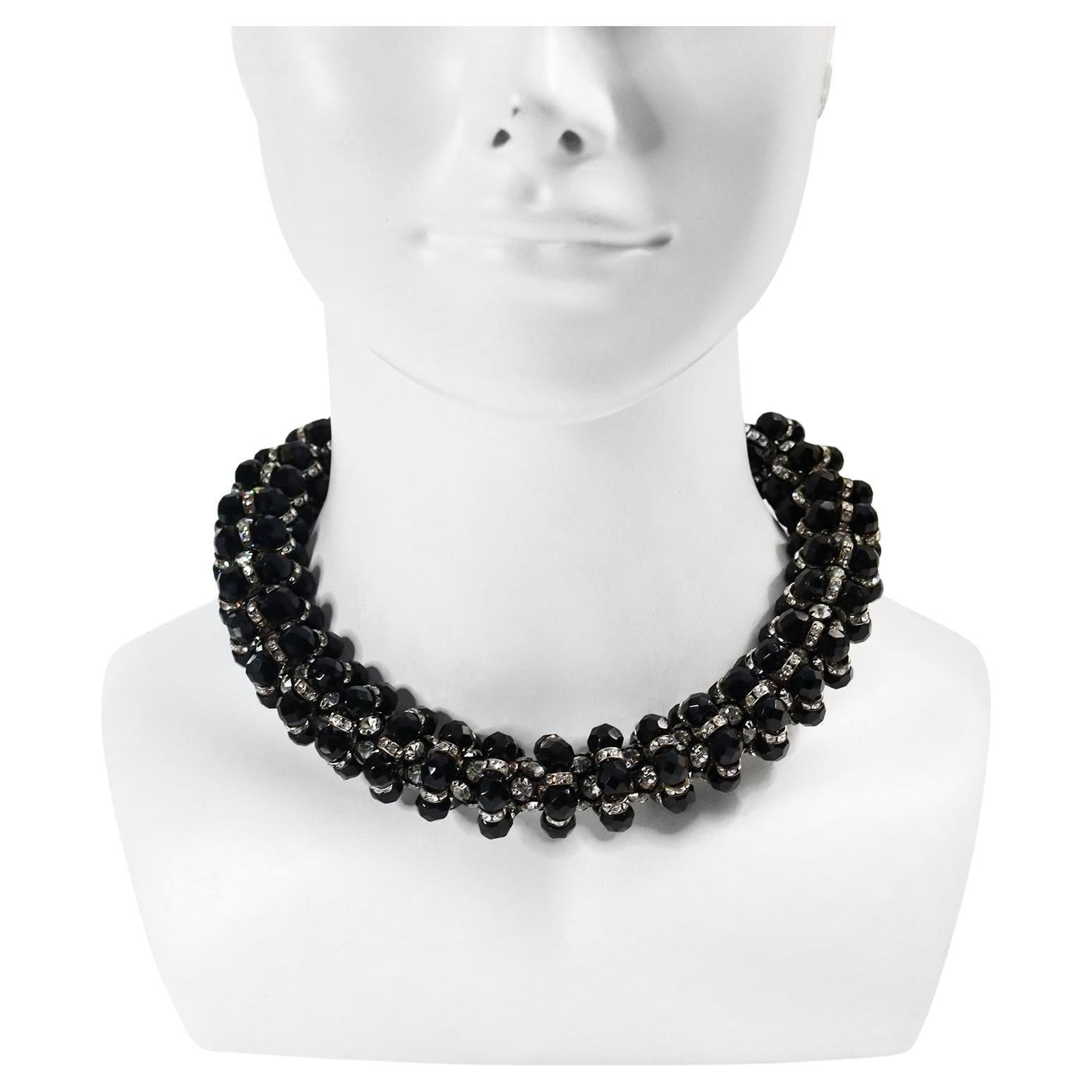 Vintage deLillo Diamante and Black Beaded Choker Necklace Circa 1970s (Collier ras du cou en diamants et perles noires)
