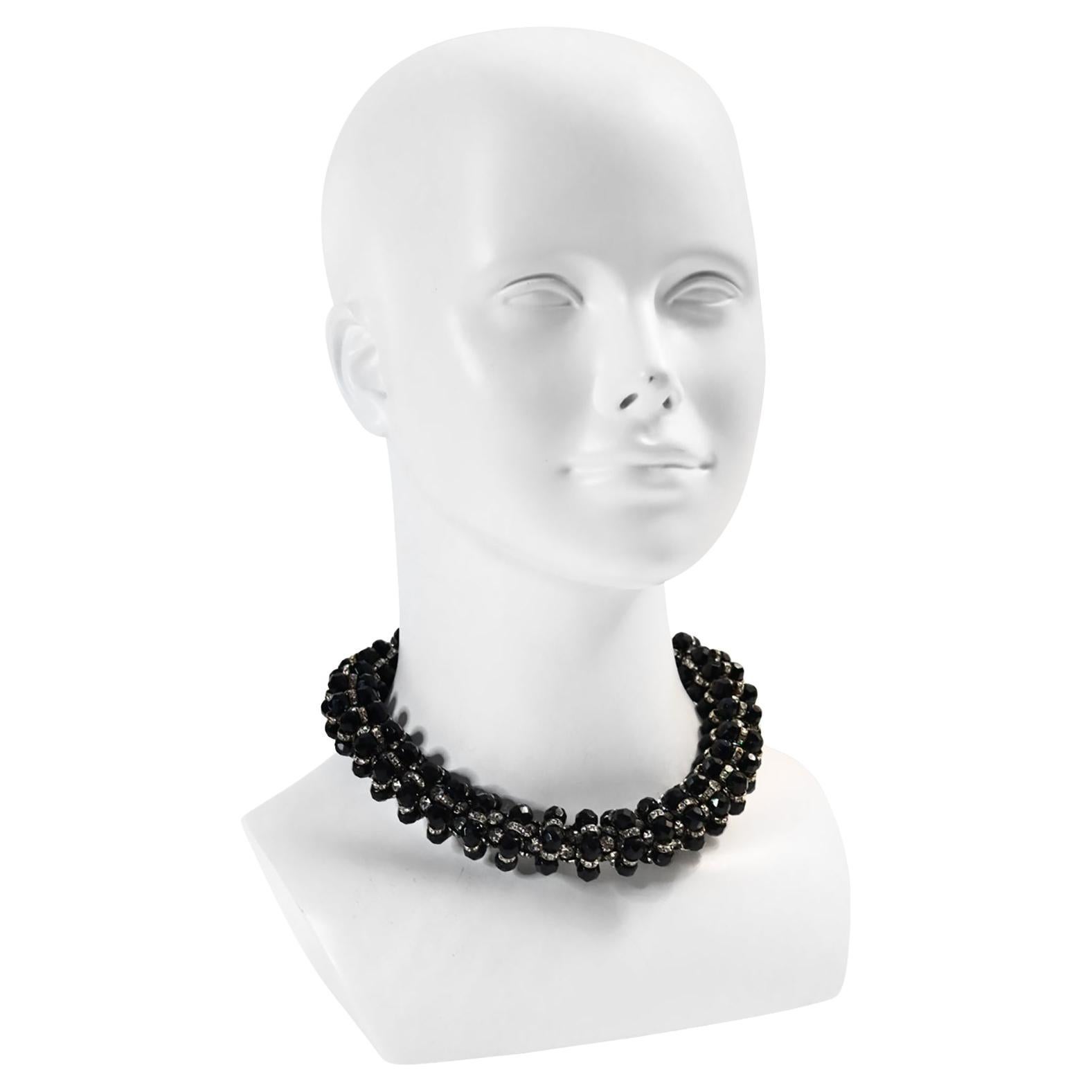 Collana girocollo vintage deLillo con diamanti e perline nere, circa anni '70