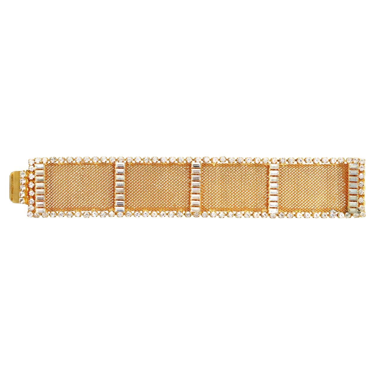 Vintage Delillo Gold Mesh with Crystals Bracelet, circa 1970s For Sale