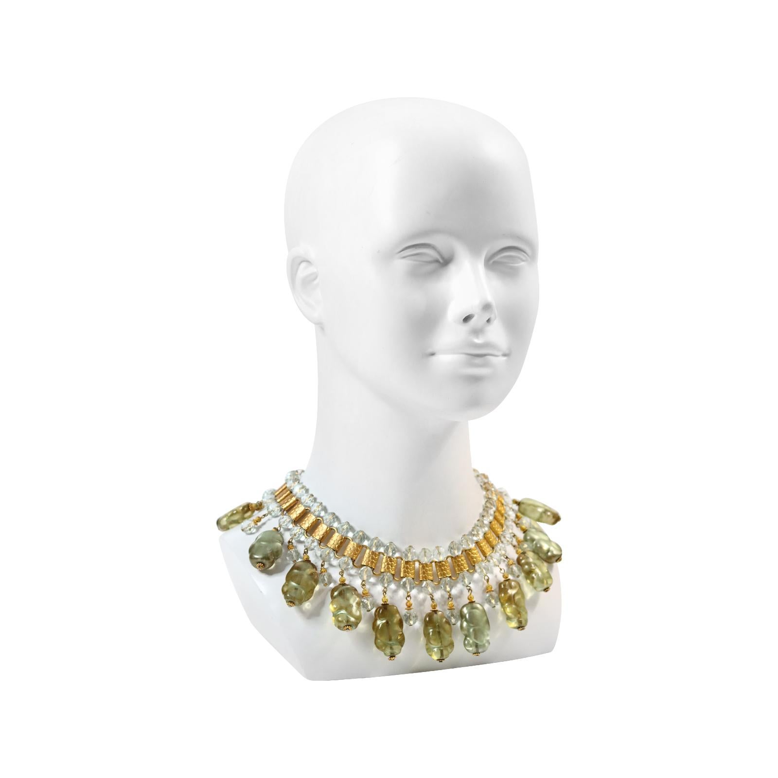 Artist Vintage deLillo Gold Tone with Light Green Dangling Beads Necklace, circa 1970s For Sale