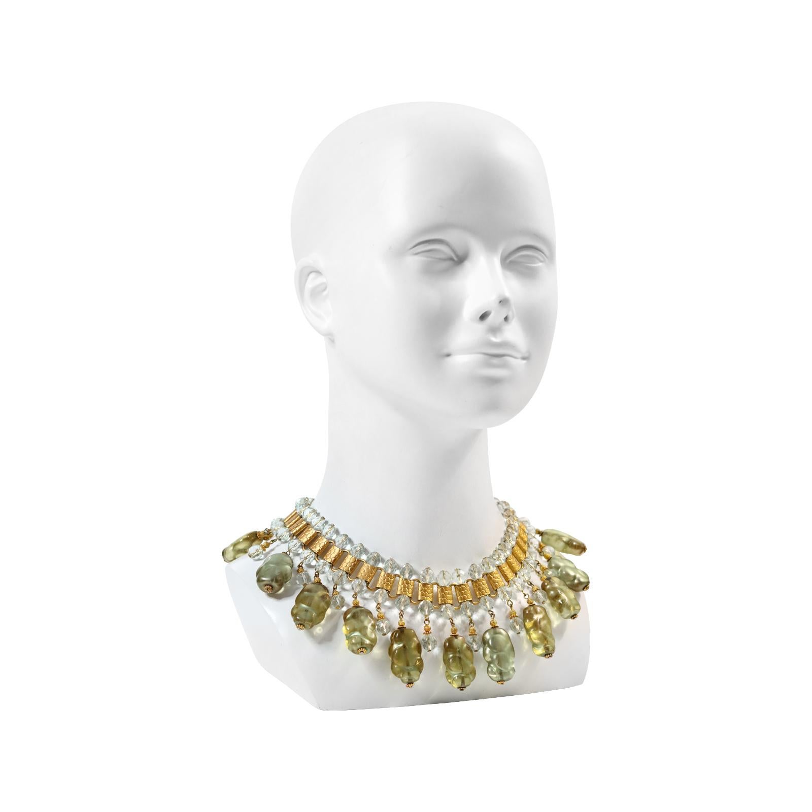Vintage deLillo Gold Tone with Light Green Dangling Beads Necklace, circa 1970s In Good Condition For Sale In New York, NY