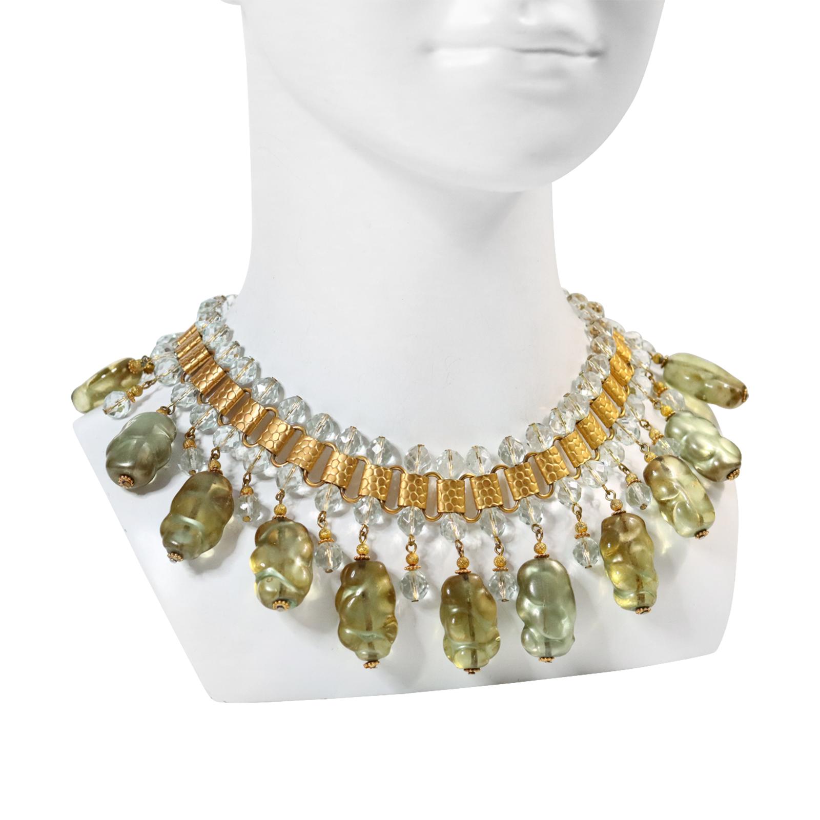 Women's or Men's Vintage deLillo Gold Tone with Light Green Dangling Beads Necklace, circa 1970s For Sale