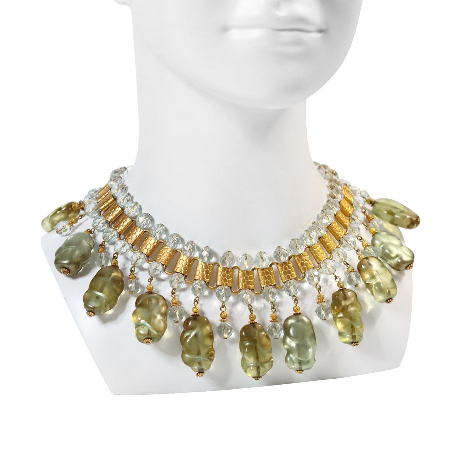 Vintage deLillo Gold Tone with Light Green Dangling Beads Necklace, circa 1970s For Sale 1