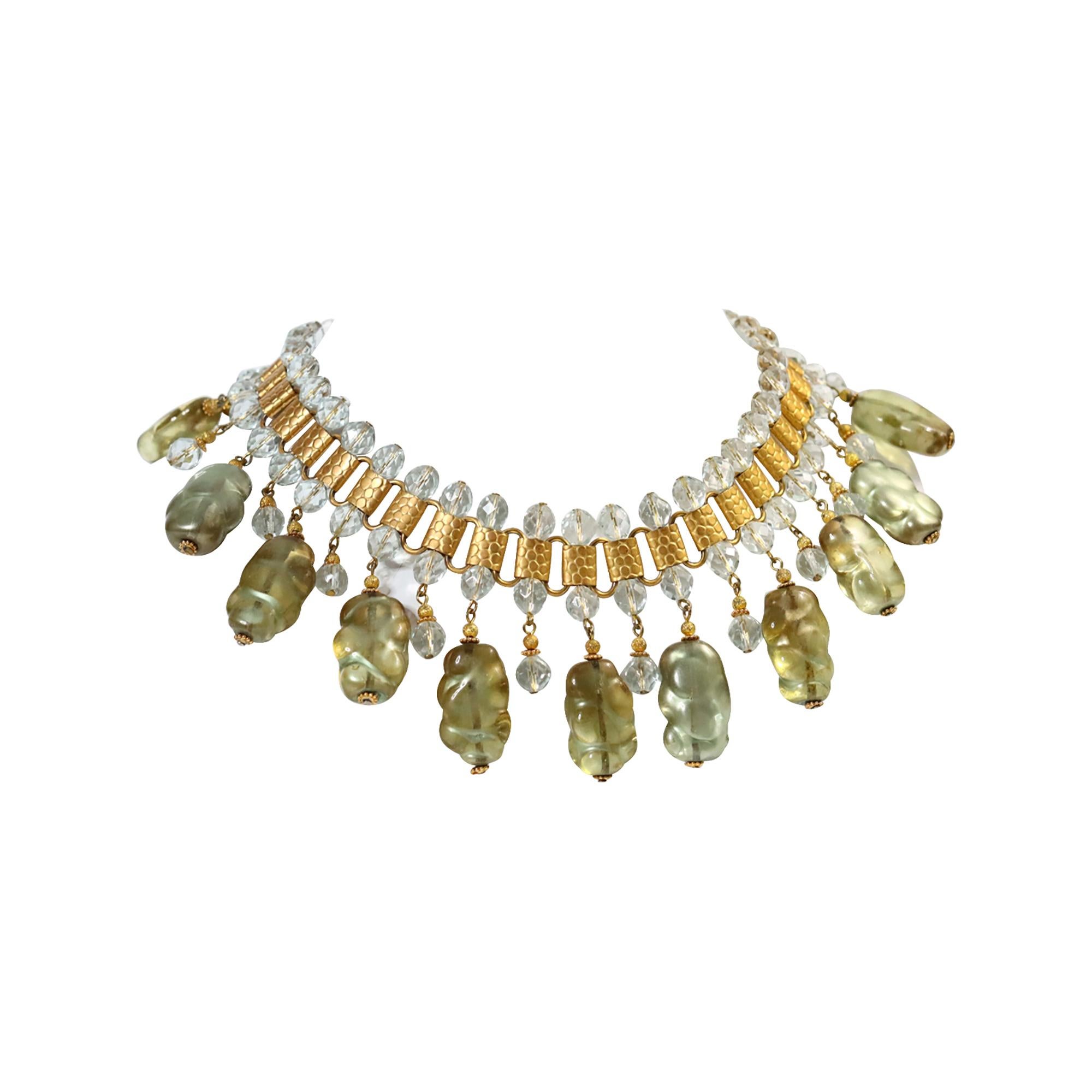 Collier Vintage deLillo en tons dorés avec perles enchevêtrées vertes, circa 1970 en vente 2