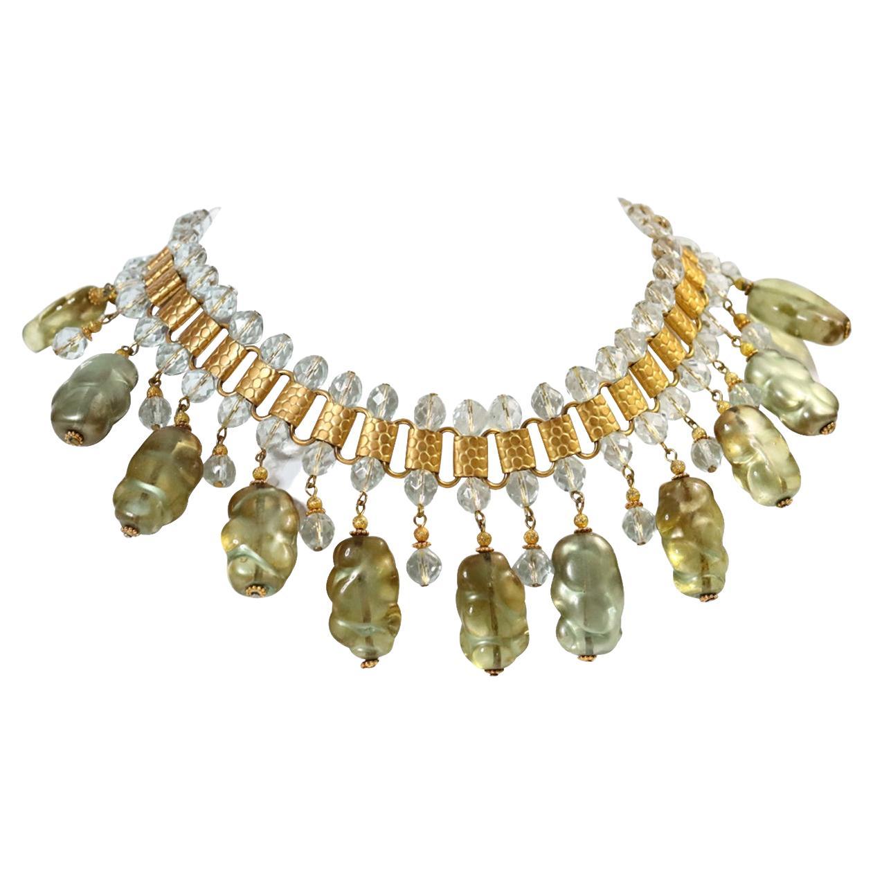 Vintage deLillo Gold Tone with Light Green Dangling Beads Necklace, circa 1970s For Sale 3