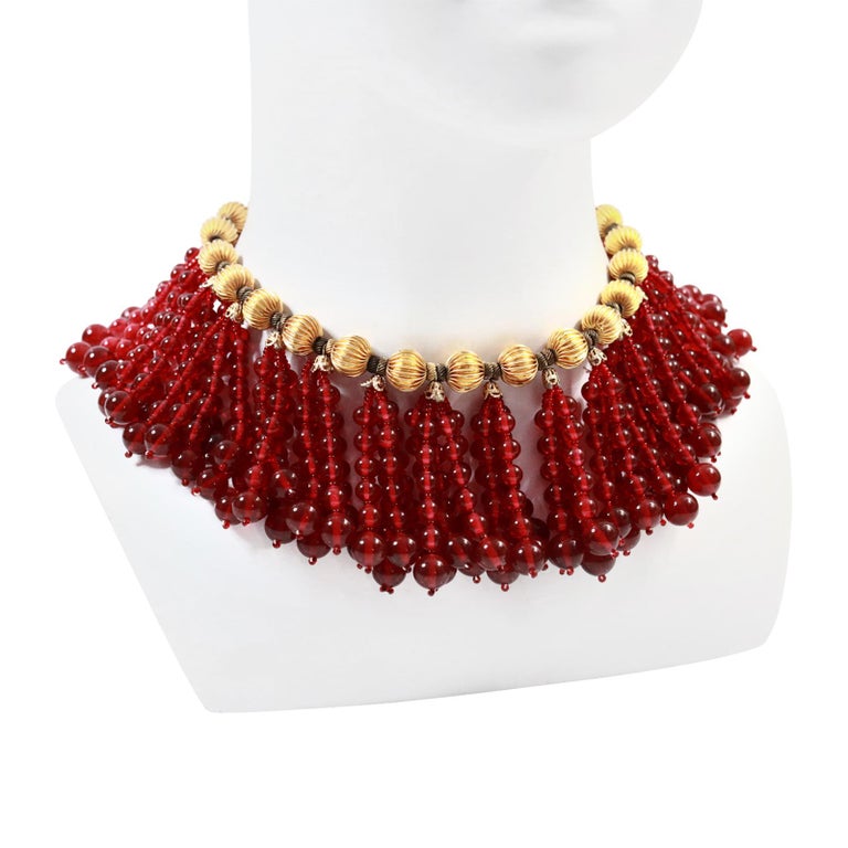 Vintage deLillo Gold Tone with Red Dangling Beads Necklace Circa 1970's In Good Condition For Sale In New York, NY