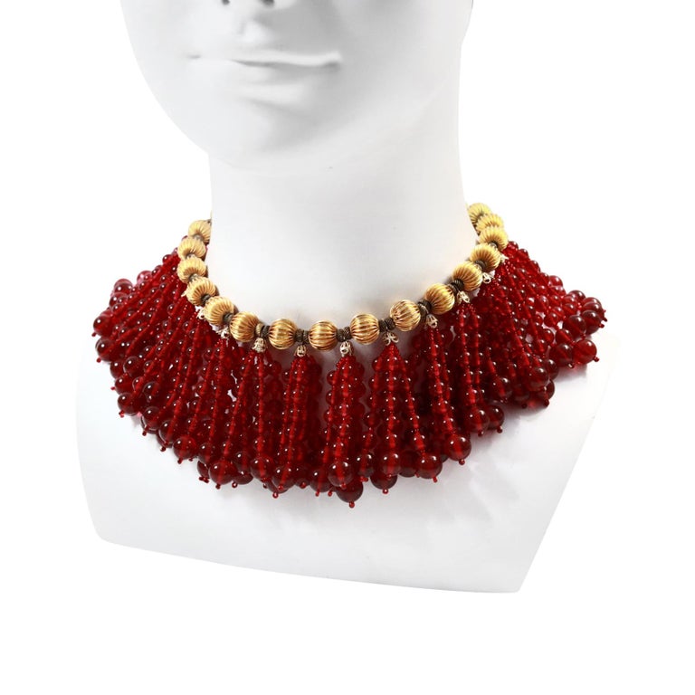 Women's or Men's Vintage deLillo Gold Tone with Red Dangling Beads Necklace Circa 1970's For Sale