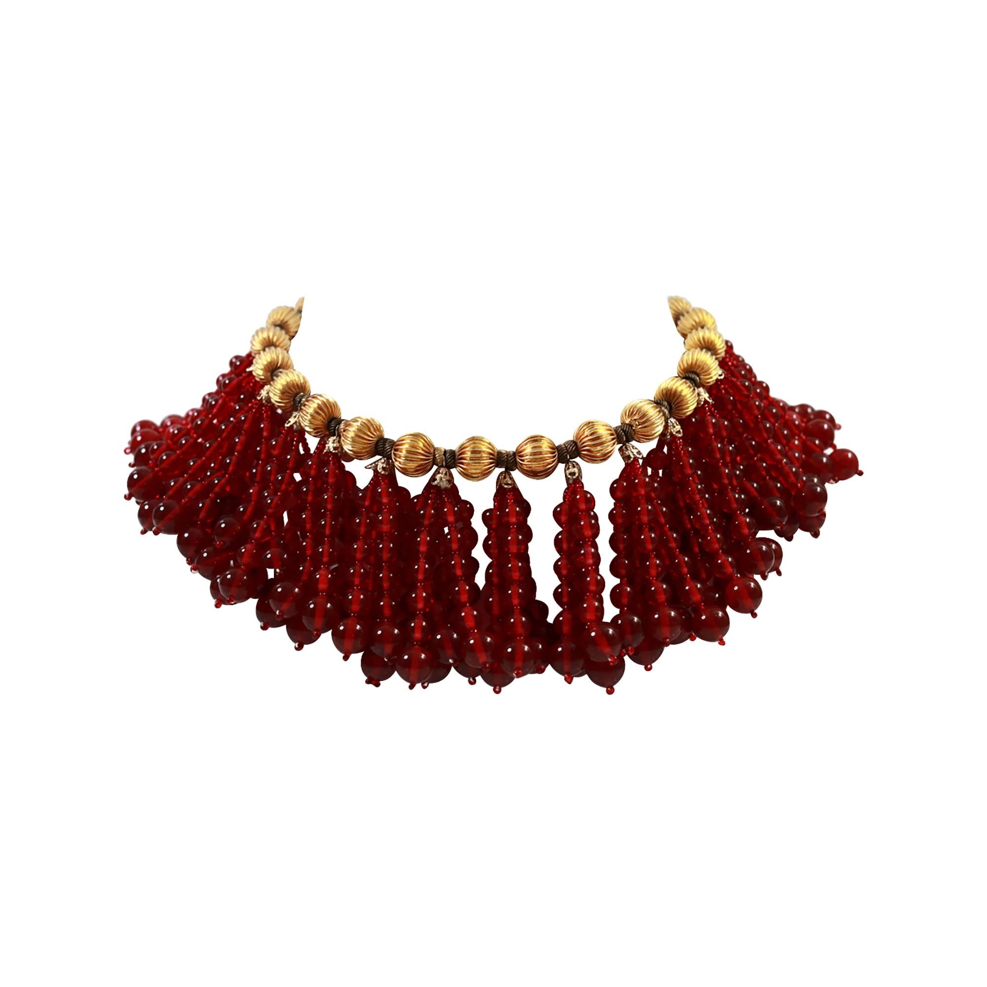 Vintage deLillo Gold Tone with Red Dangling Beads Necklace Circa 1970's Unisexe en vente