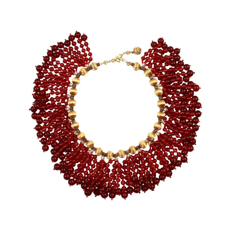 Vintage deLillo Gold Tone with Red Dangling Beads Necklace Circa 1970's For Sale 1