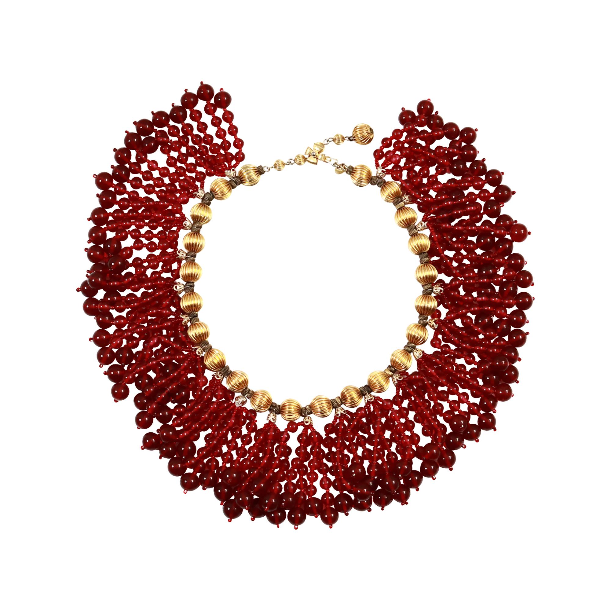 Vintage deLillo Gold Tone with Red Dangling Beads Necklace Circa 1970's en vente 1
