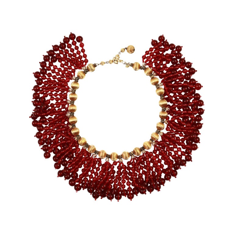 Vintage deLillo Gold Tone with Red Dangling Beads Necklace Circa 1970's For Sale 2