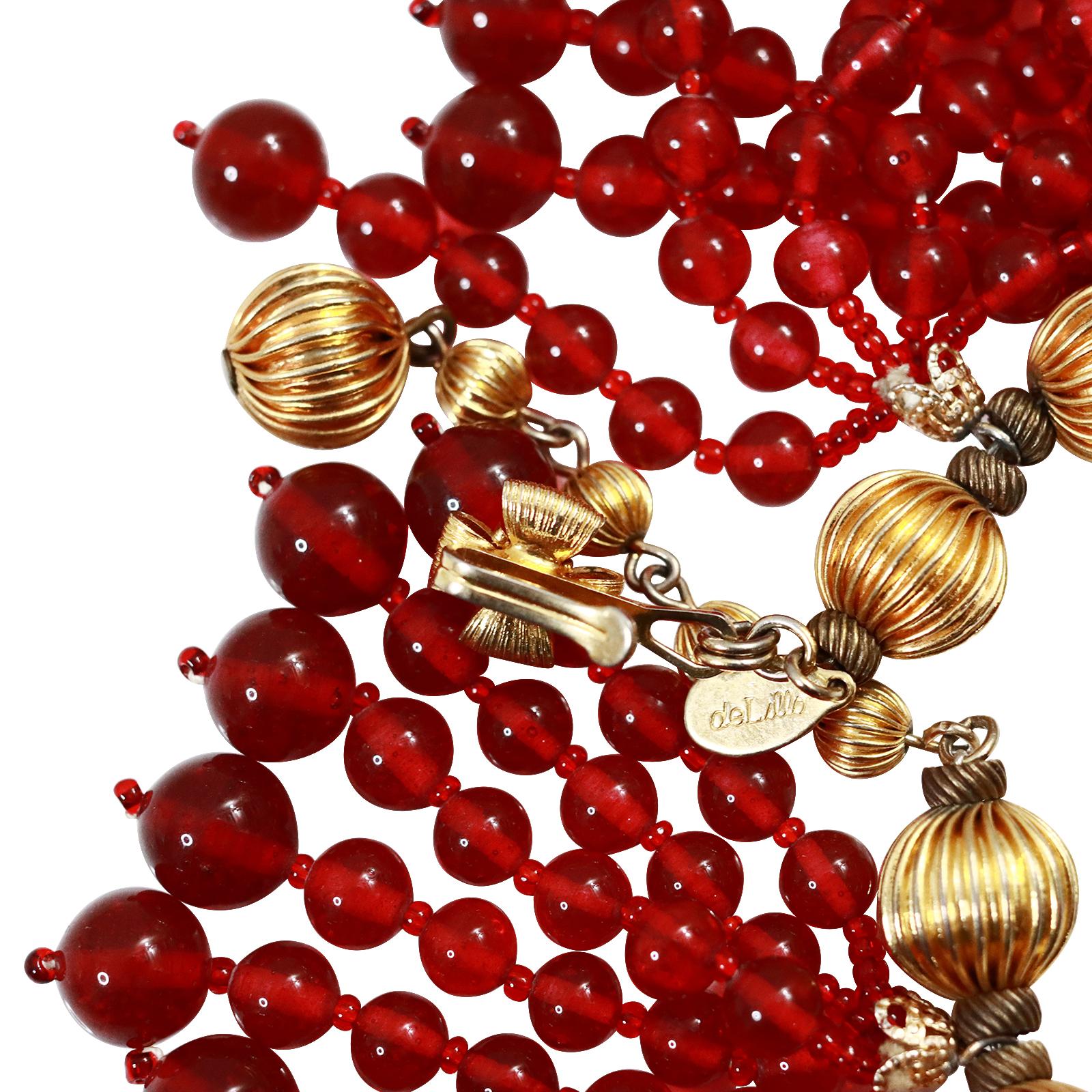 Vintage deLillo Gold Tone with Red Dangling Beads Necklace Circa 1970's For Sale 3