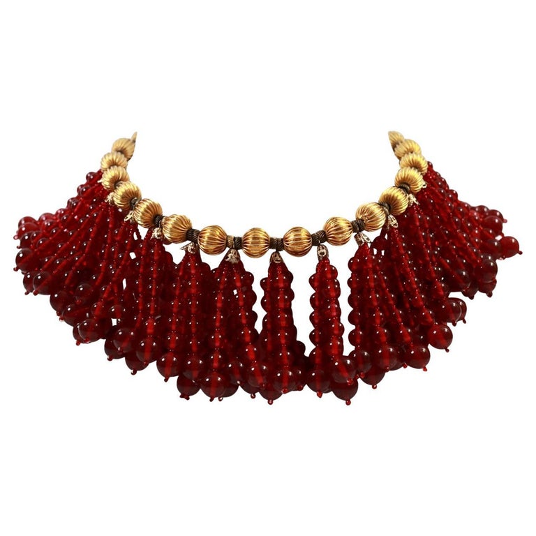 Vintage deLillo Gold Tone with Red Dangling Beads Necklace Circa 1970's For Sale