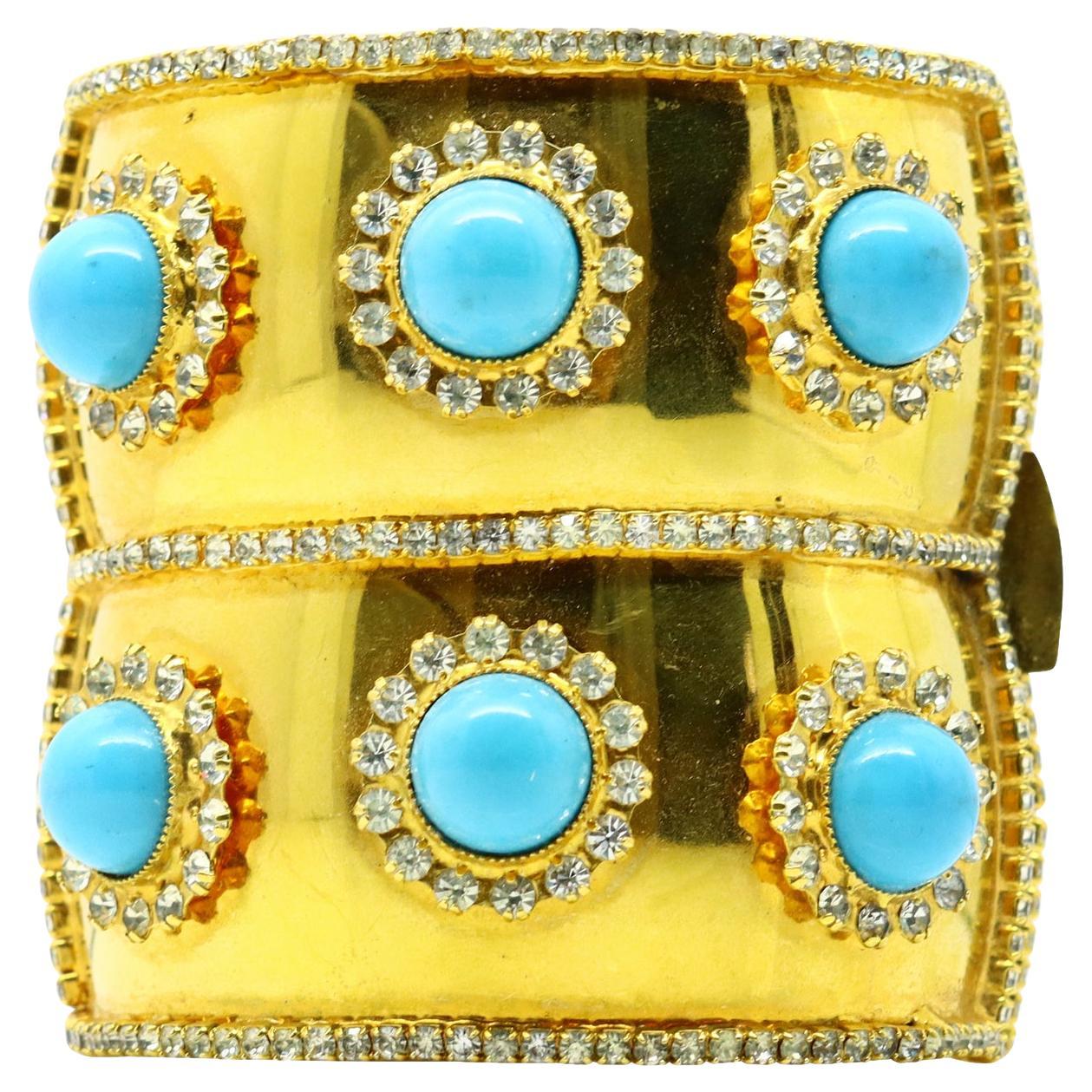 Vintage deLillo Gold Tone Crystal with Faux Turquoise Bracelet Circa !970s For Sale 5
