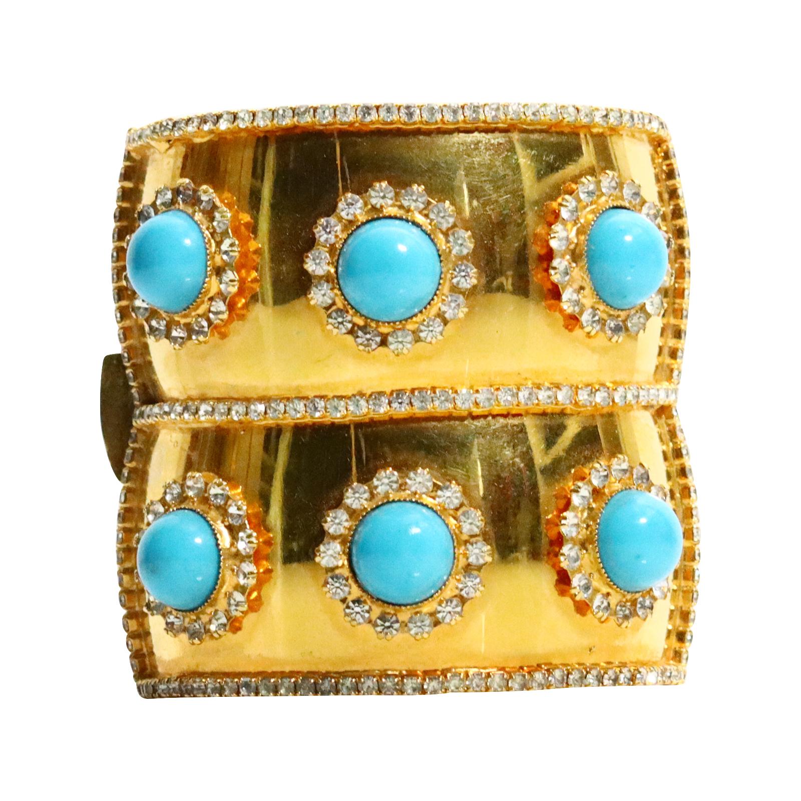 Vintage deLillo Gold Tone Crystal with Faux Turquoise Bracelet Circa !970s For Sale 6