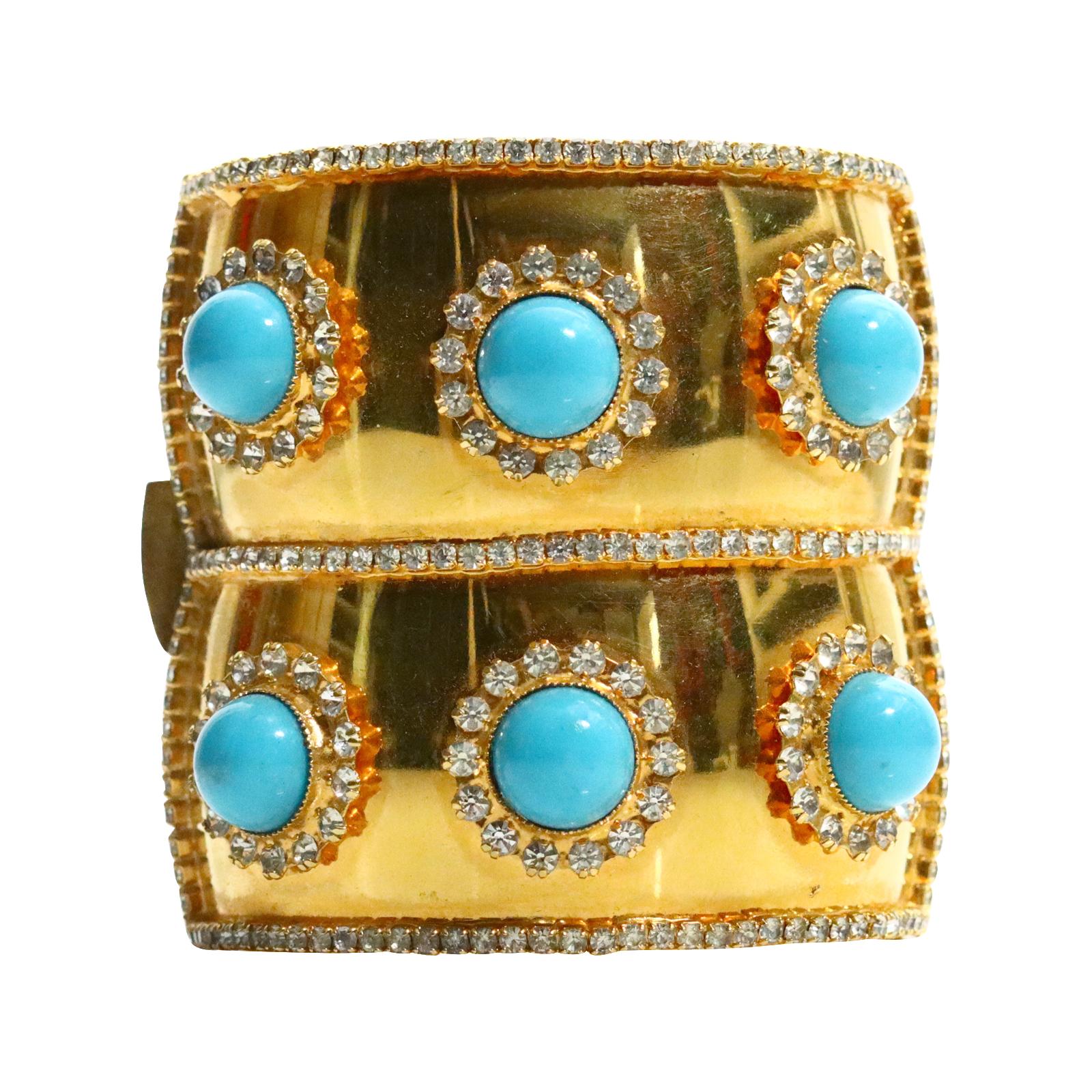 Vintage deLillo Gold Tone Crystal with Faux Turquoise Bracelet Circa !970s For Sale 7