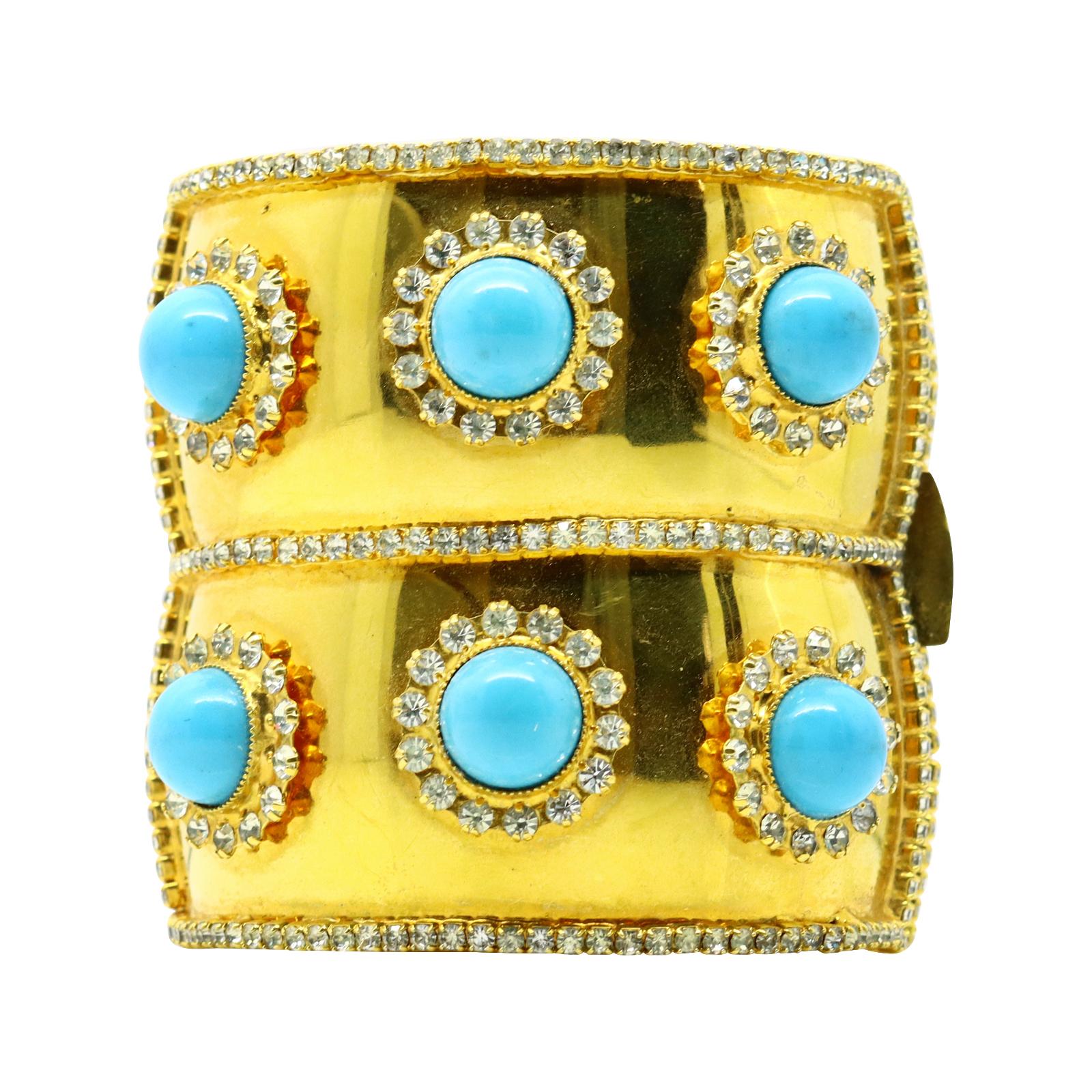 Vintage deLillo Gold Tone Crystal with Faux Turquoise Bracelet Circa !970s For Sale 8