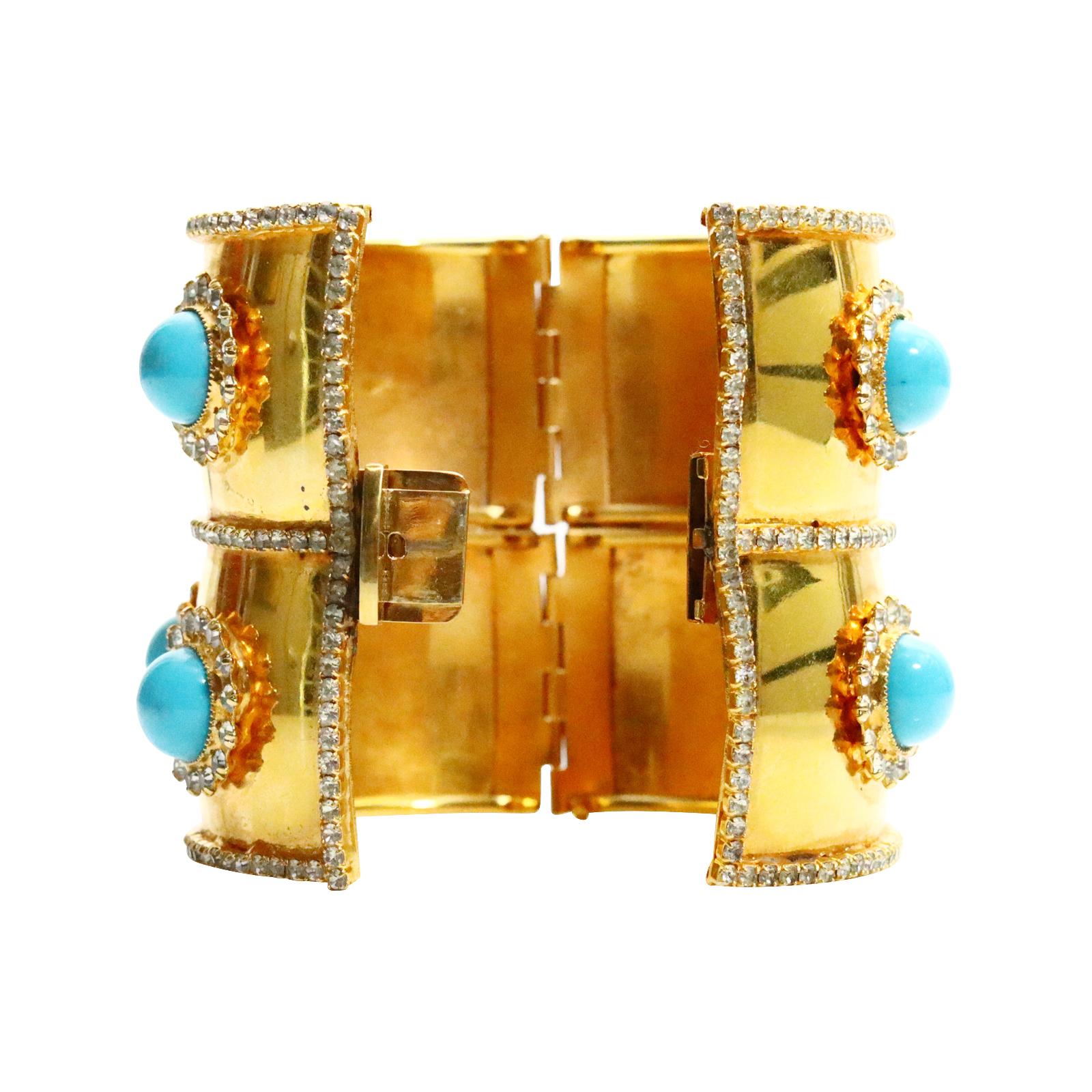 Vintage deLillo Gold Tone Crystal with Faux Turquoise Bracelet Circa !970s For Sale 9