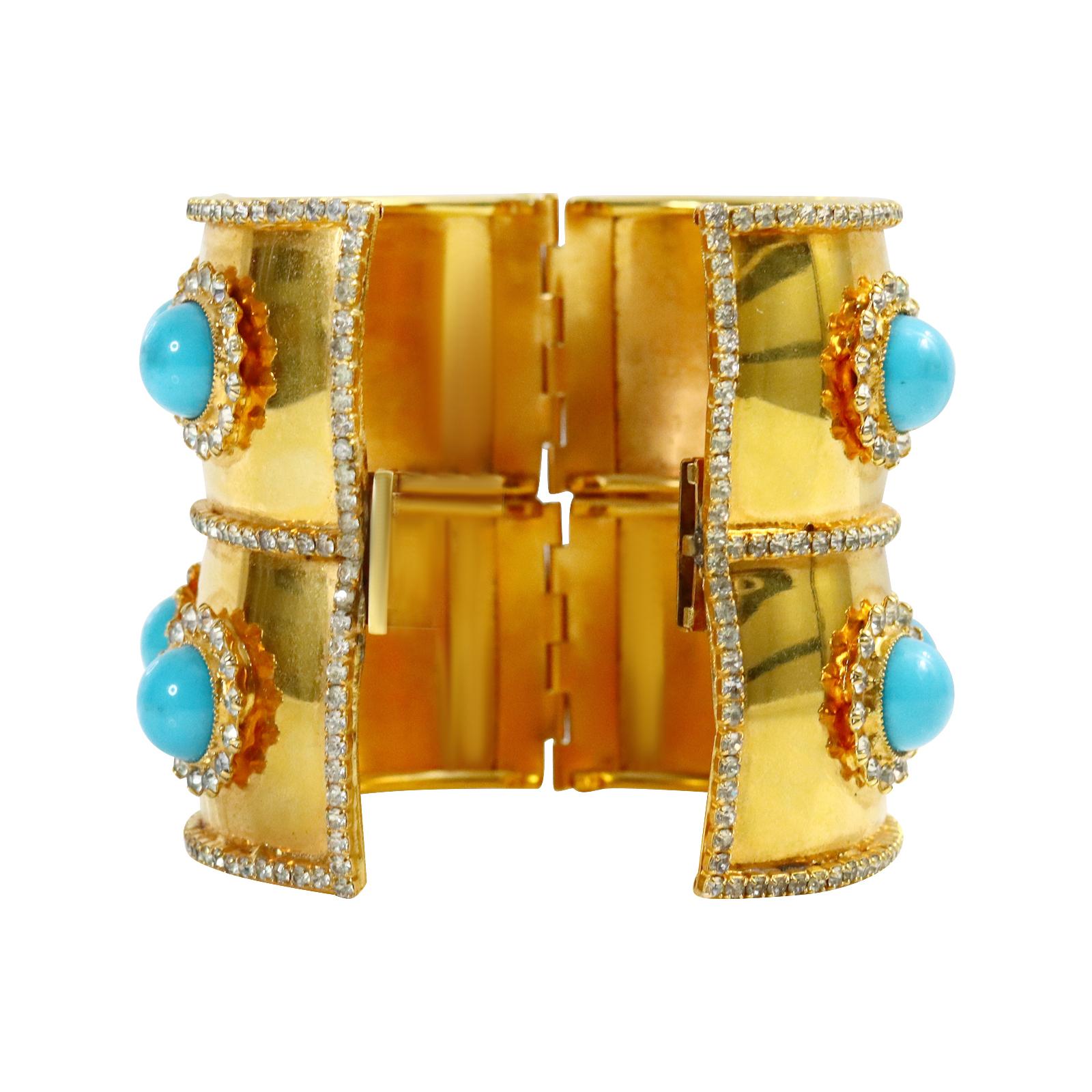 Vintage deLillo Gold Tone Crystal with Faux Turquoise Bracelet Circa !970s For Sale 10