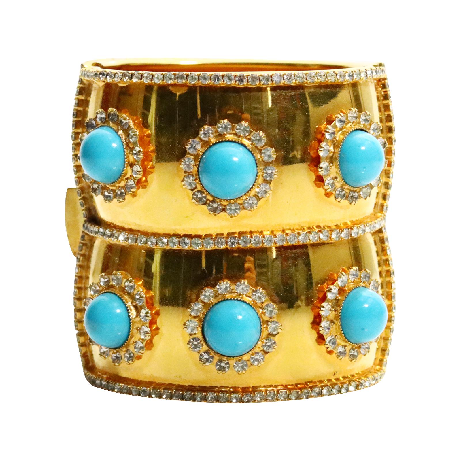 Vintage deLillo Gold Tone Crystal with Faux Turquoise Bracelet Circa !970s For Sale 4