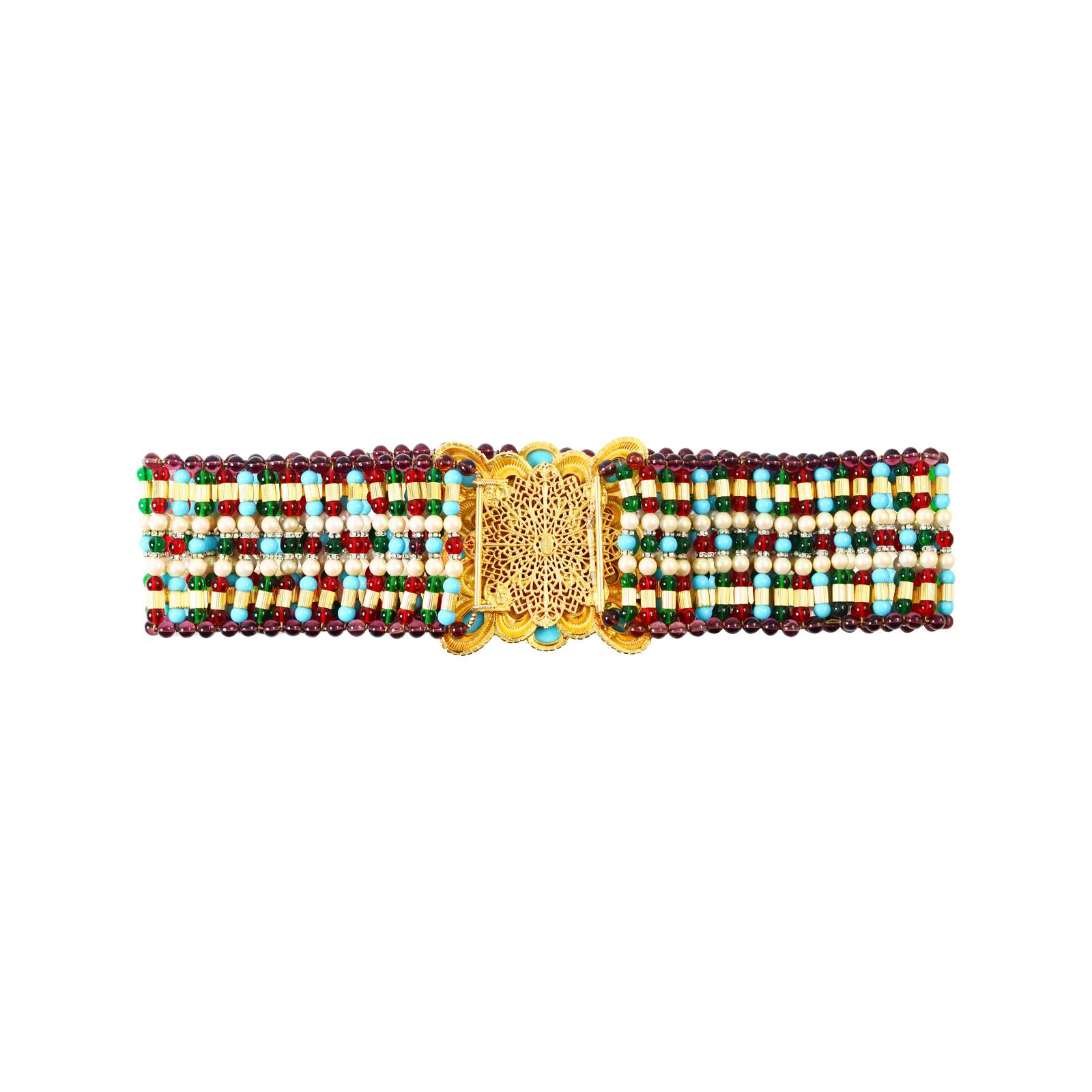 Vintage deLillo Multi Color Beaded Belt with Faux Turquoise Diamante Buckle For Sale 7