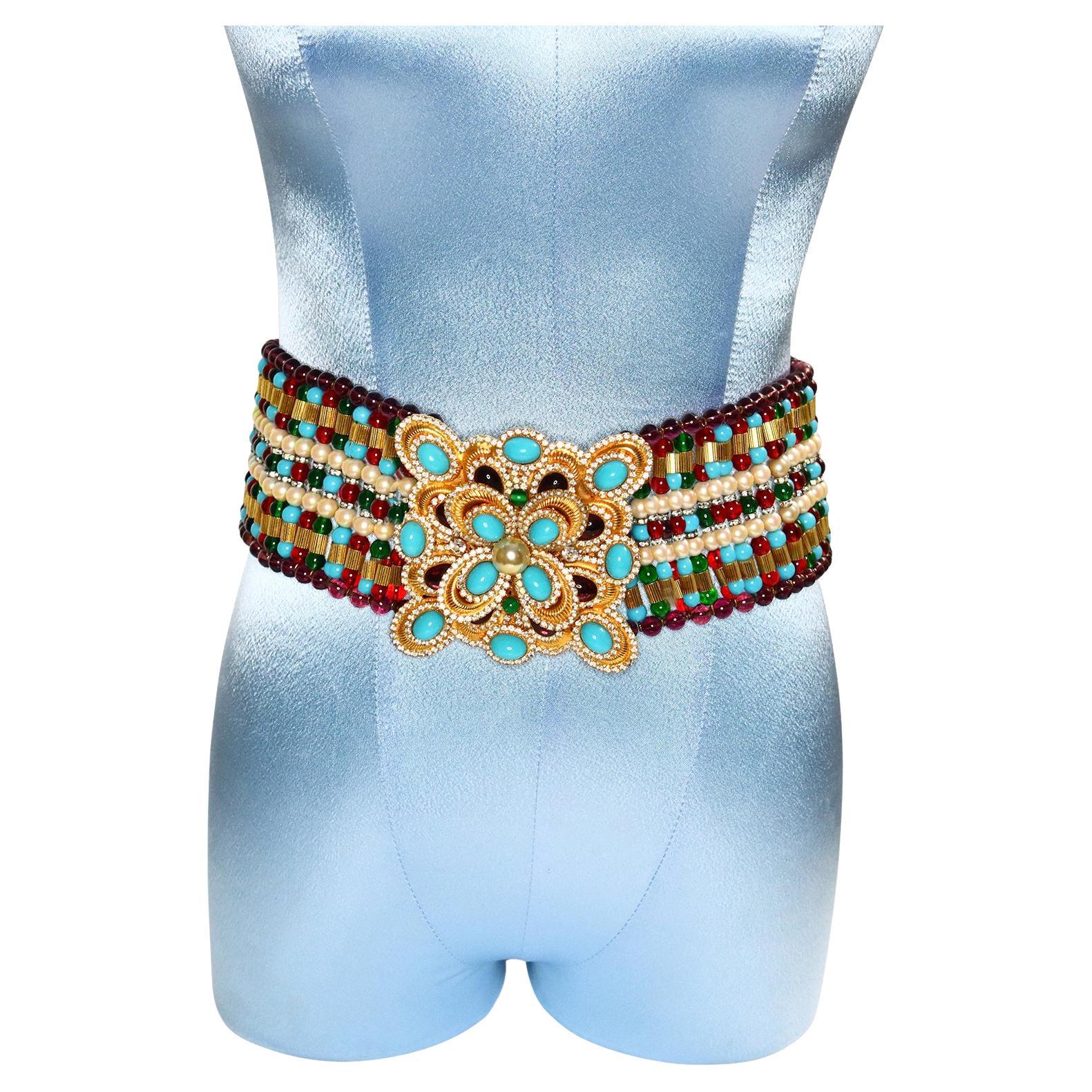 Modern Vintage deLillo Multi Color Beaded Belt with Faux Turquoise Diamante Buckle For Sale