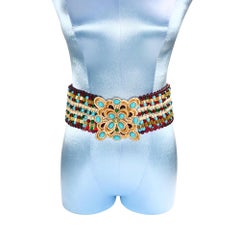 Vintage deLillo Cinturón de cuentas multicolor con hebilla de diamantes de imitación turquesa