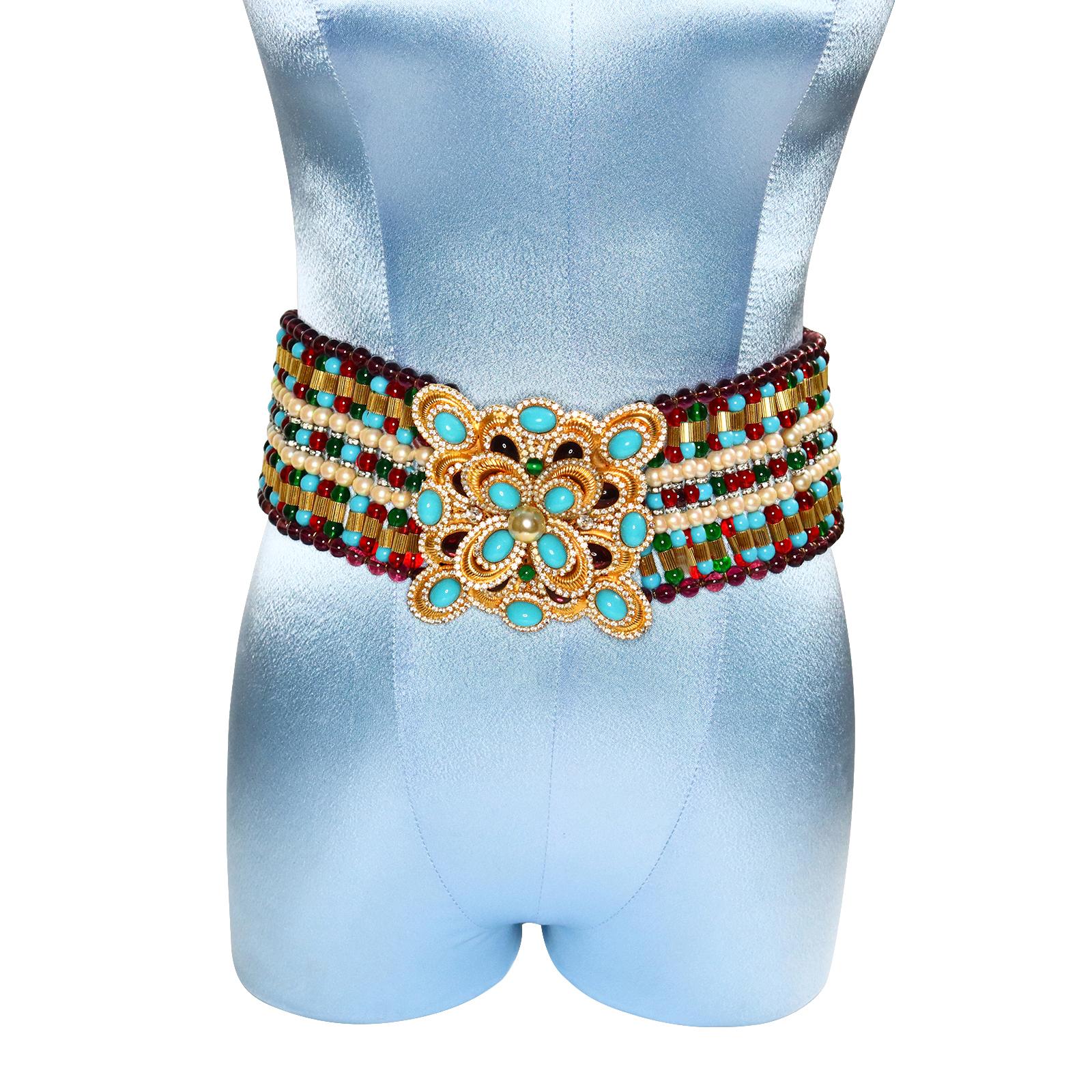 Vintage deLillo Multi Color Beaded Belt with Faux Turquoise Diamante Buckle For Sale 2