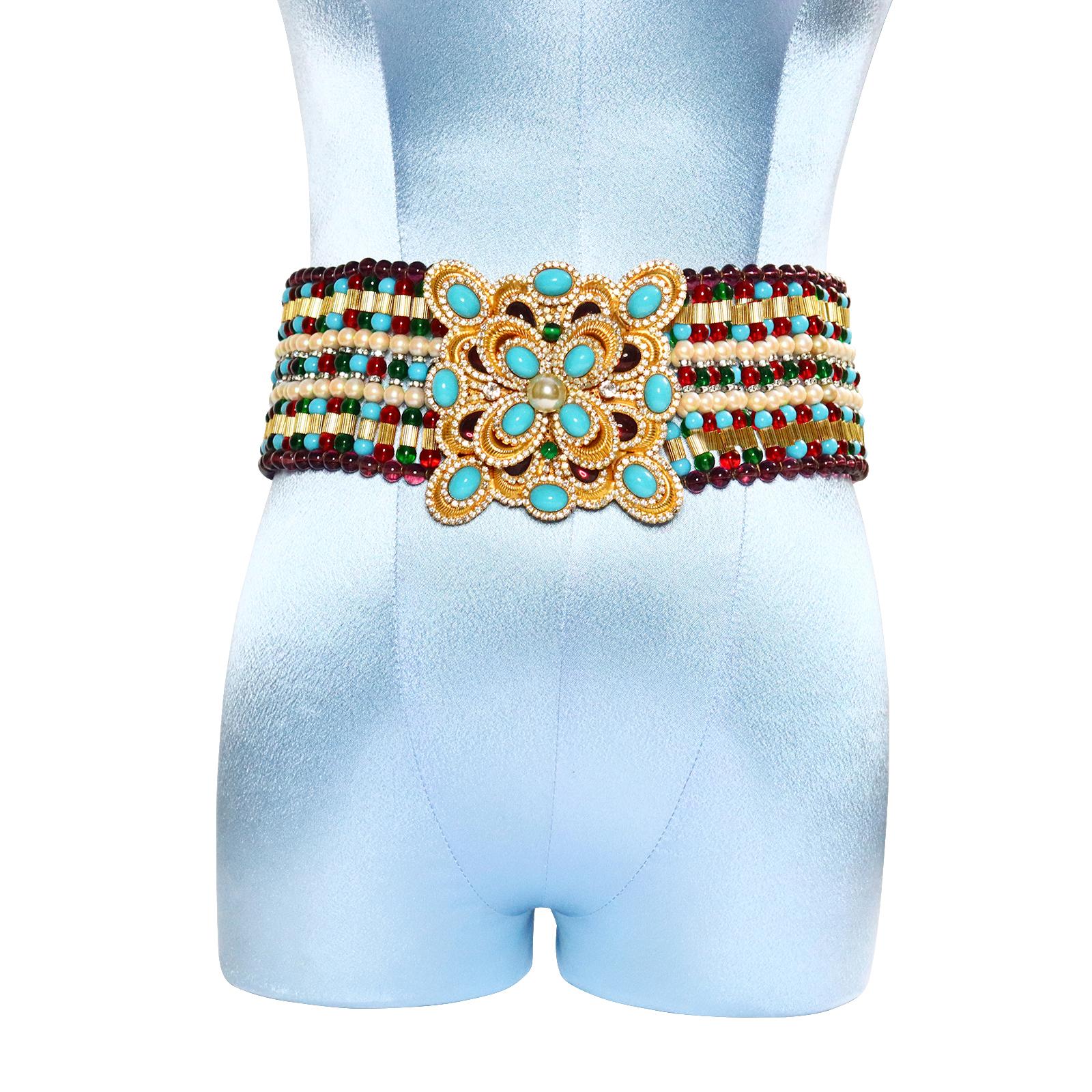 Women's or Men's Vintage deLillo Multi Color Beaded Belt with Faux Turquoise Diamante Buckle For Sale