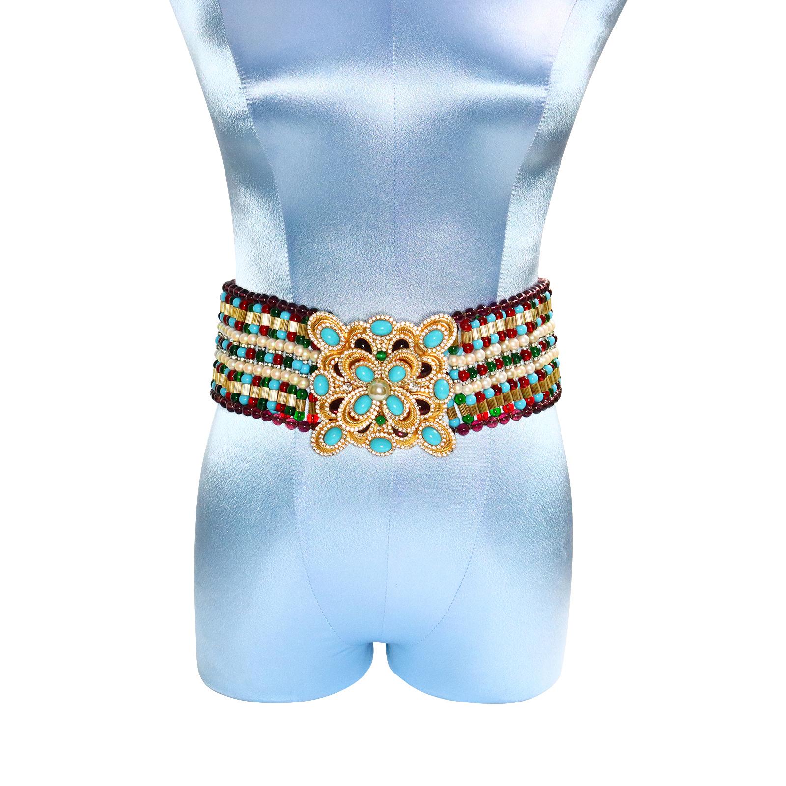 Vintage deLillo Multi Color Beaded Belt with Faux Turquoise Diamante Buckle For Sale 1