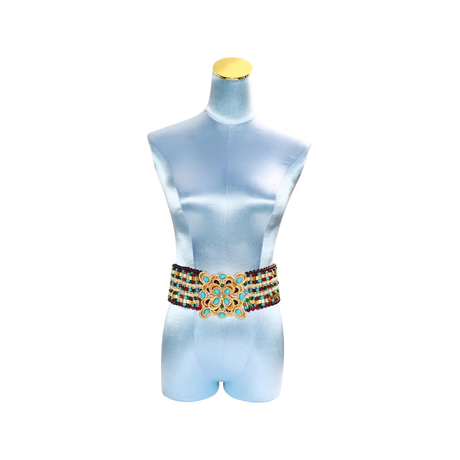 Vintage deLillo Multi Color Beaded Belt with Faux Turquoise Diamante Buckle For Sale 4