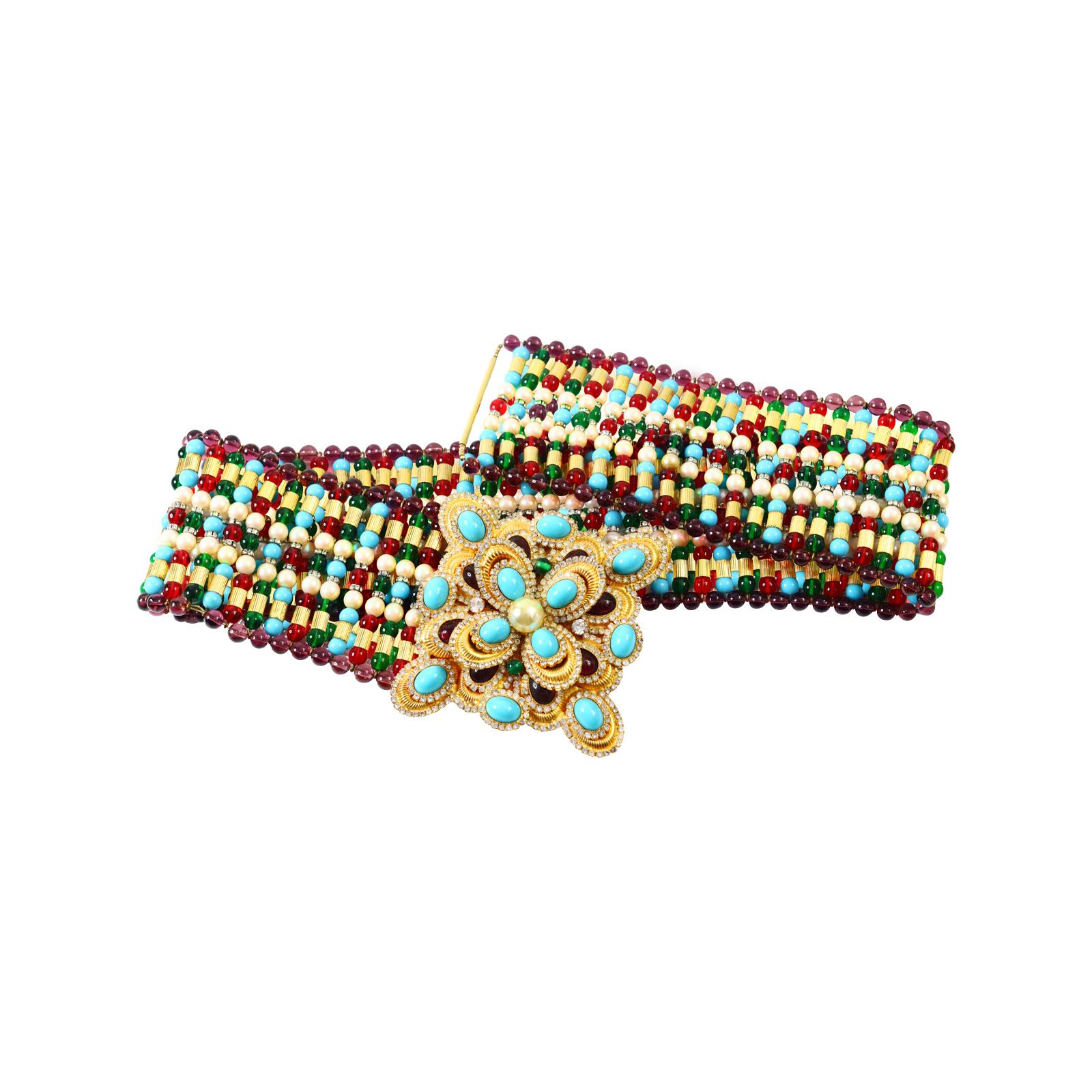 Vintage deLillo Multi Color Beaded Belt with Faux Turquoise Diamante Buckle For Sale 5