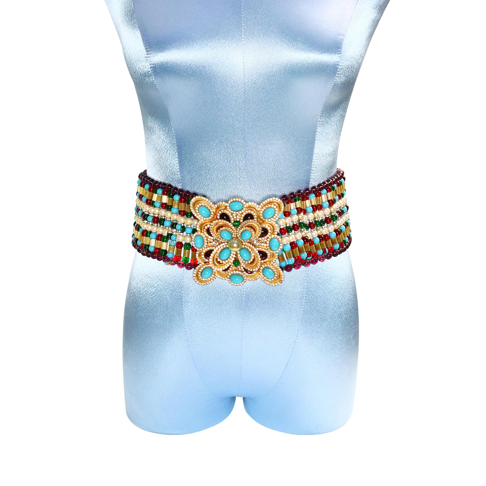 Vintage deLillo Multi Color Beaded Belt with Faux Turquoise Diamante Buckle For Sale 3