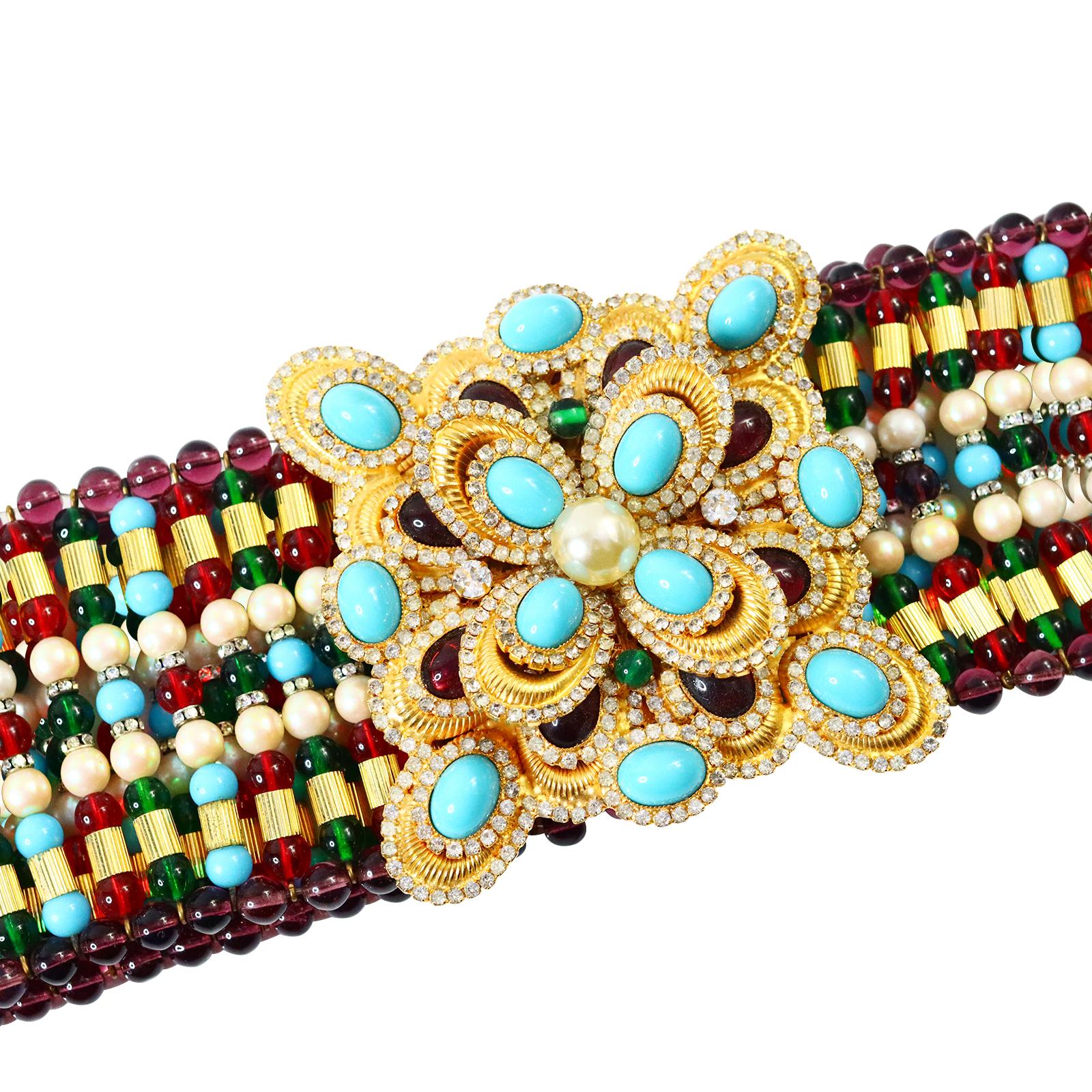 Vintage deLillo Multi Color Beaded Belt with Faux Turquoise Diamante Buckle For Sale 6