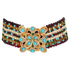 Vintage deLillo Multi Color Beaded Belt with Faux Turquoise Diamante Buckle
