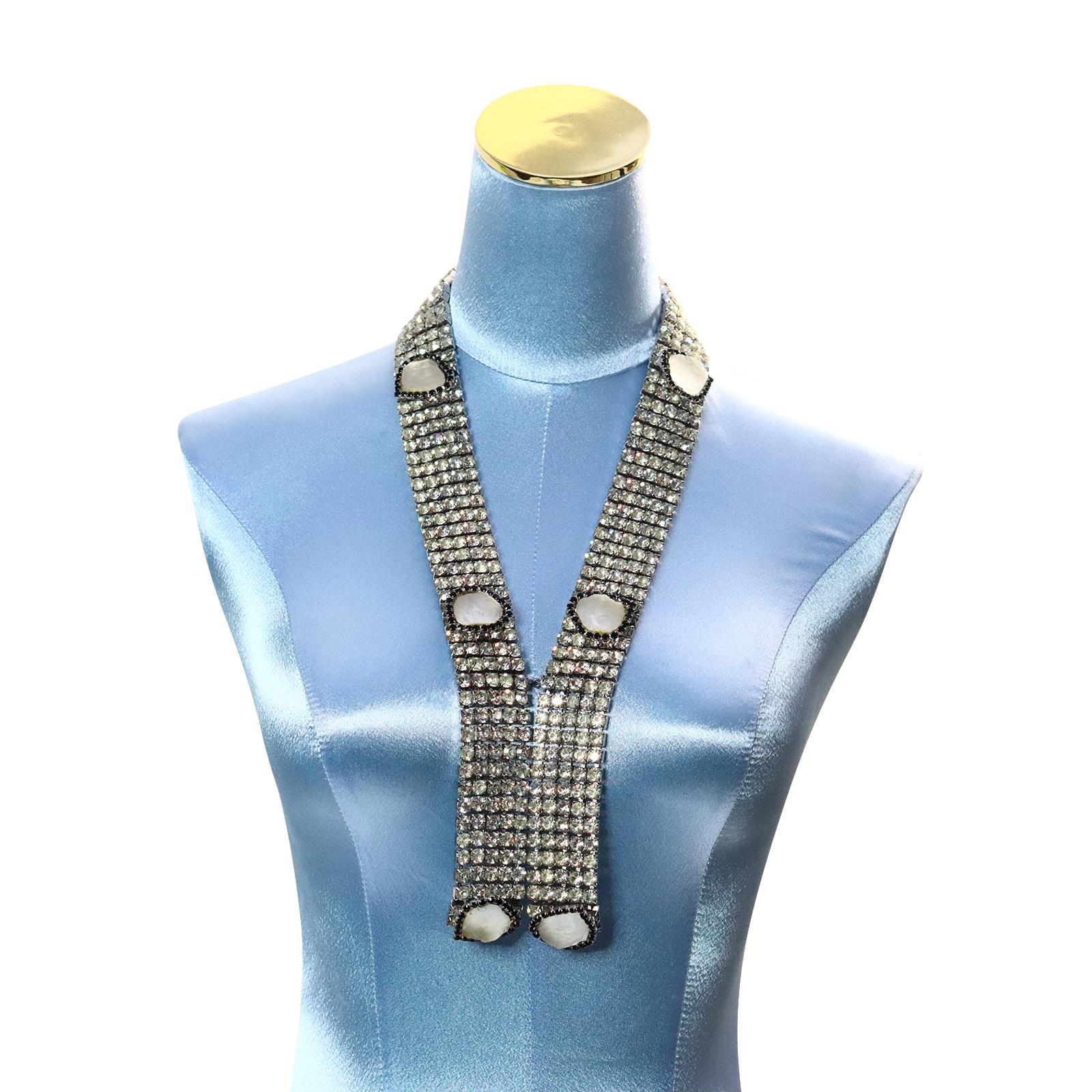 Women's or Men's Vintage Delillo Necklace with Quartz Pieces and Black Crystals Circa 1970s