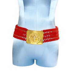 Vintage deLillo Red Beaded Belt with Gold Lion Head Buckle