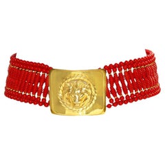 Vintage deLillo Red Beaded Belt with Gold Lion Head Buckle