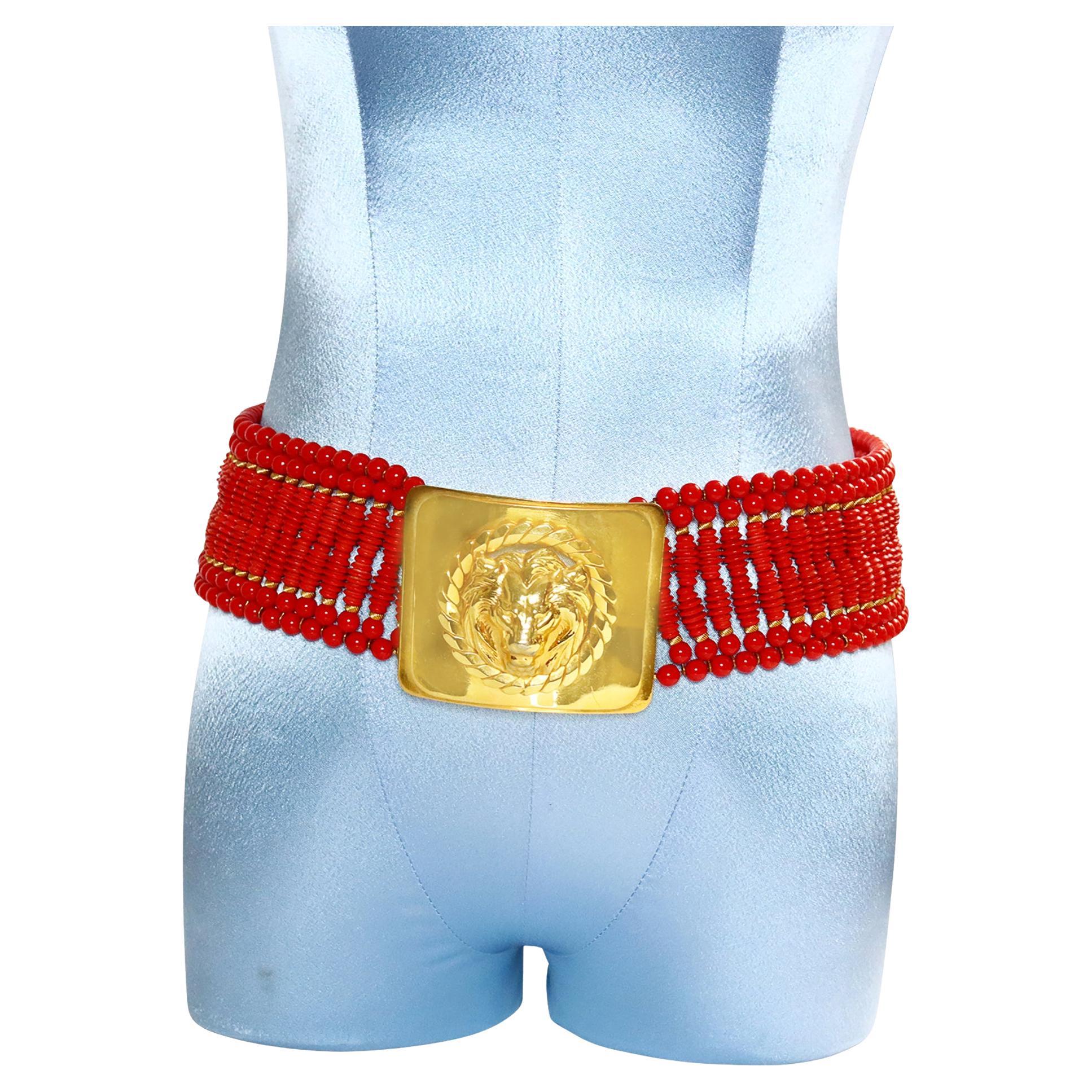Vintage deLillo Red Beaded Belt with Gold Lion Head Buckle For Sale