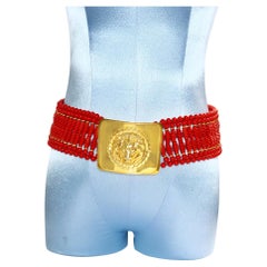 Vintage deLillo Red Beaded Belt with Gold Lion Head Buckle