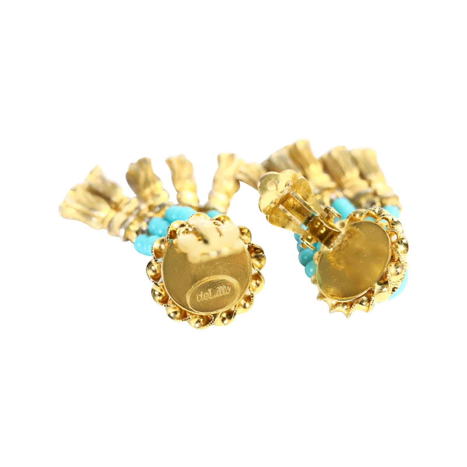 Vintage deLillo Faux Turquoise and Gold Tone Dangling Earrings Circa 1970s For Sale 4