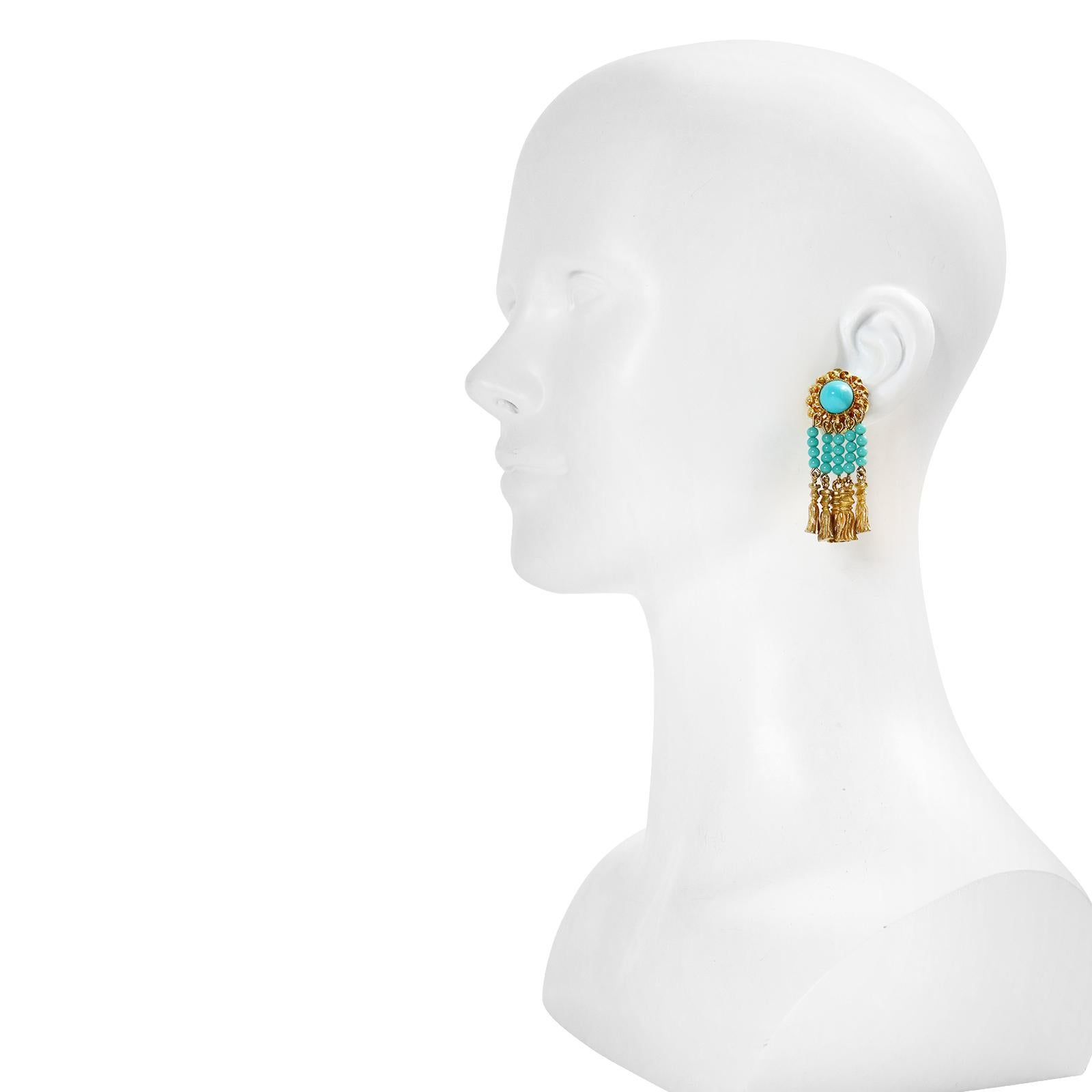 Vintage deLillo Faux Turquoise and Gold Tone Dangling Earrings Circa 1970s. These are the perfect length.  Clip on.

William deLillo was only in business from 1968 to 1977 so when you see a very special piece get excited.  There aren't a lot!