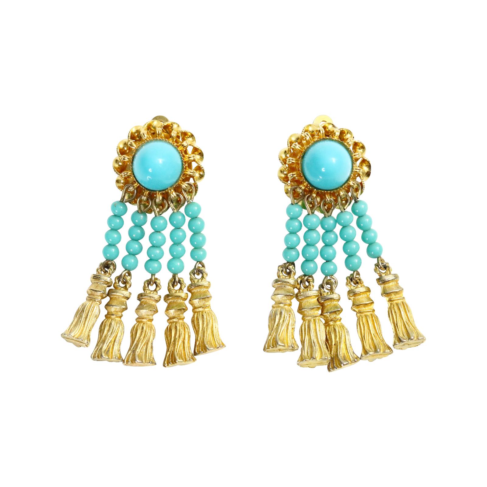 Modern Vintage deLillo Faux Turquoise and Gold Tone Dangling Earrings Circa 1970s For Sale