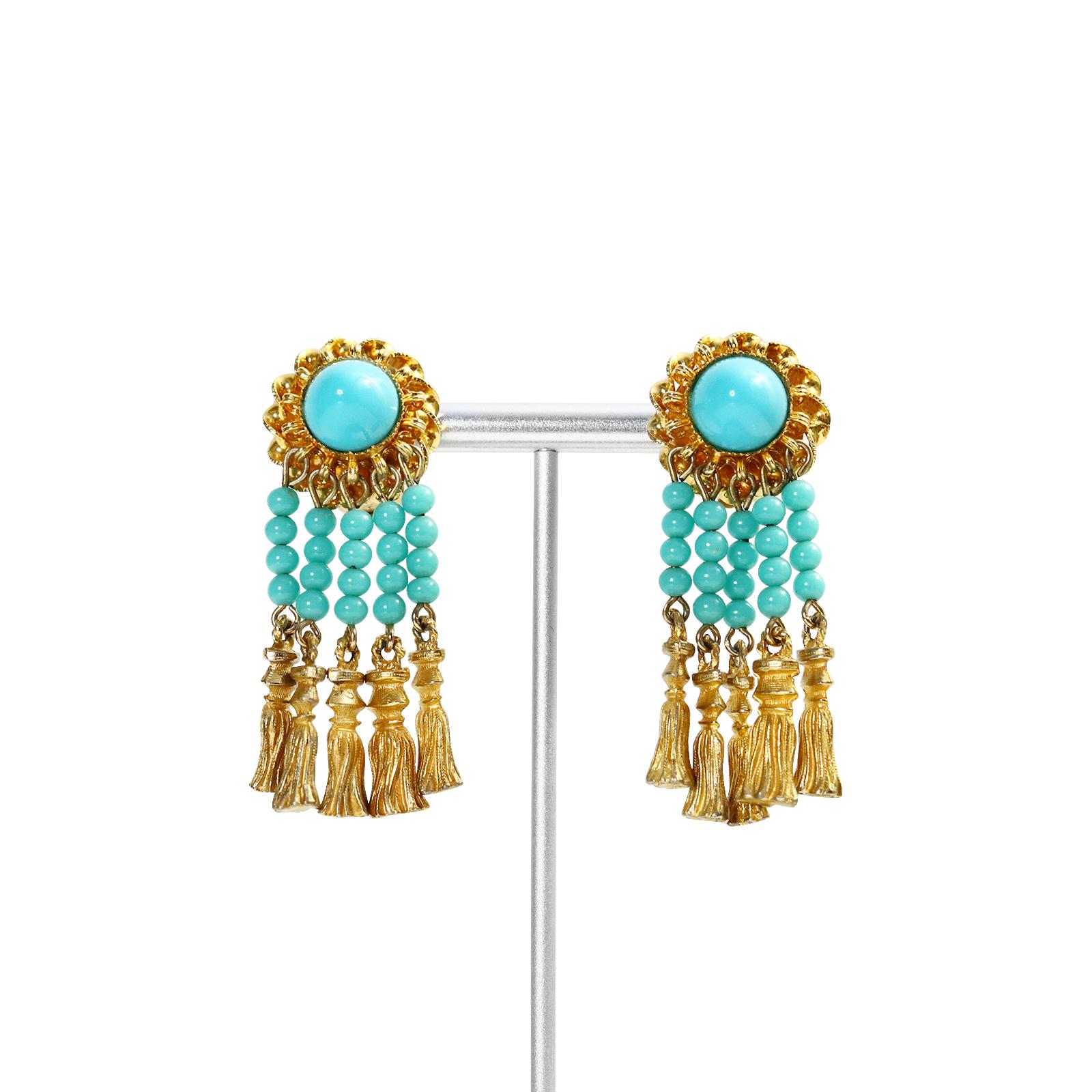 Women's or Men's Vintage deLillo Faux Turquoise and Gold Tone Dangling Earrings Circa 1970s For Sale