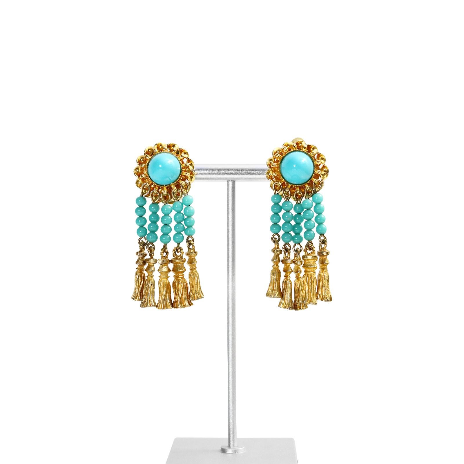 Vintage deLillo Faux Turquoise and Gold Tone Dangling Earrings Circa 1970s For Sale 1