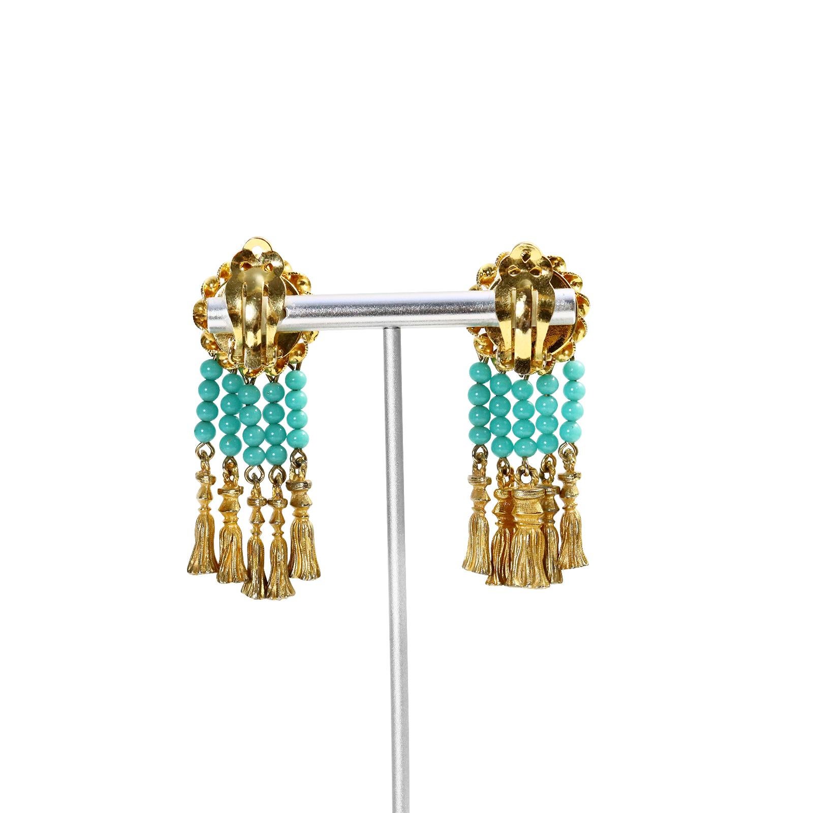 Vintage deLillo Faux Turquoise and Gold Tone Dangling Earrings Circa 1970s For Sale 3