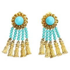 Vintage deLillo Faux Turquoise and Gold Tone Dangling Earrings Circa 1970s