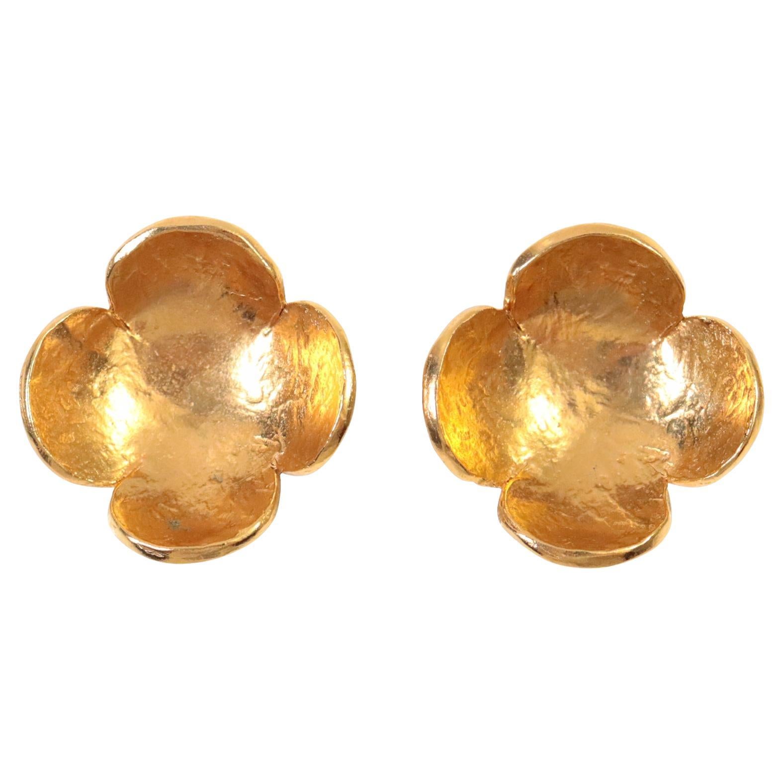 Vintage Delphine Nardin Paris Gold Tone Flower Earrings Circa 1990s